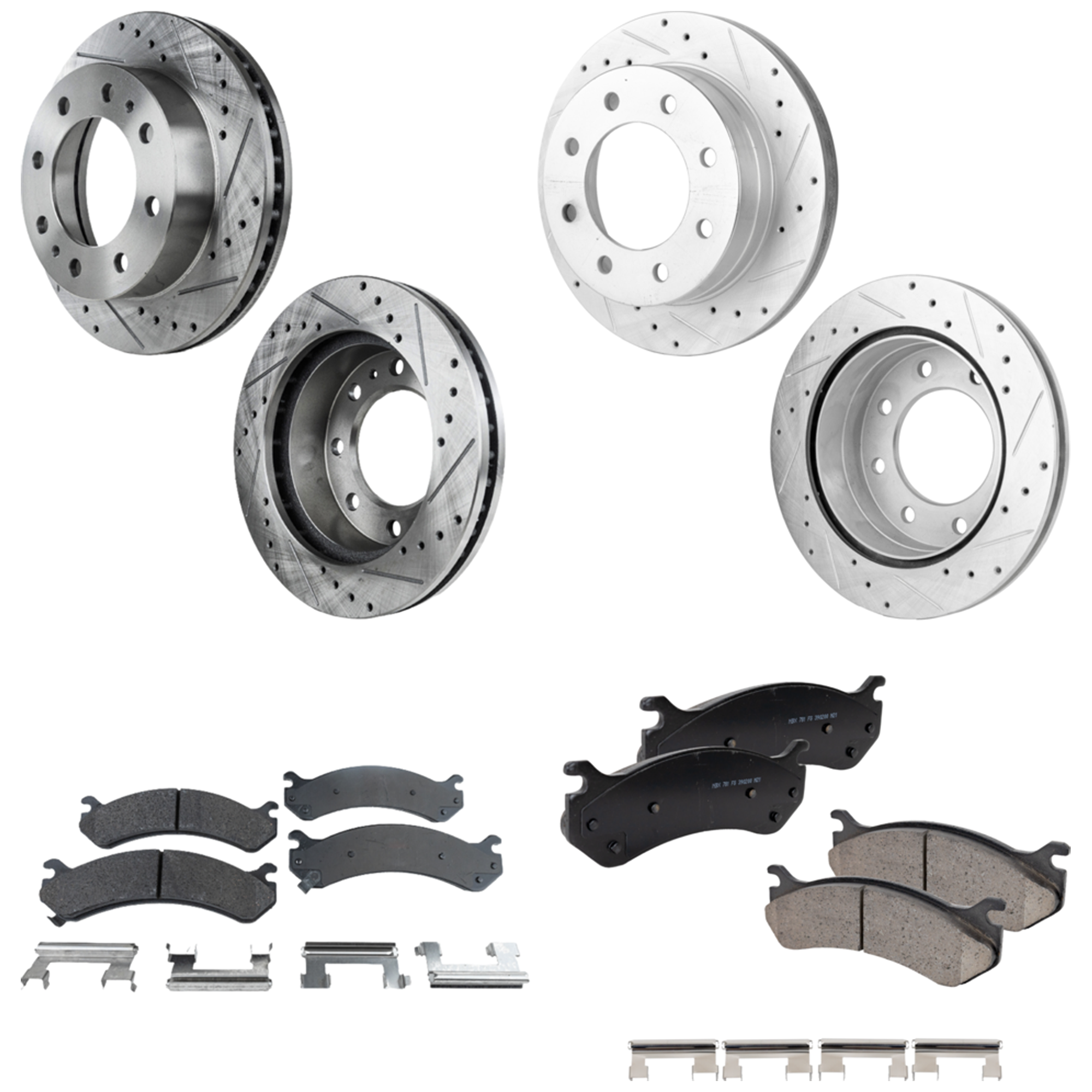AM SIERRA SILVERADO 1500 HD SUBURBAN 2500-03-05 FRONT AND REAR BRAKE DISC AND PAD KIT 8 pc kit Cross drilled and Slotted SKU KIT 050323-46 OEM 55056-56829-56999-86829-101421