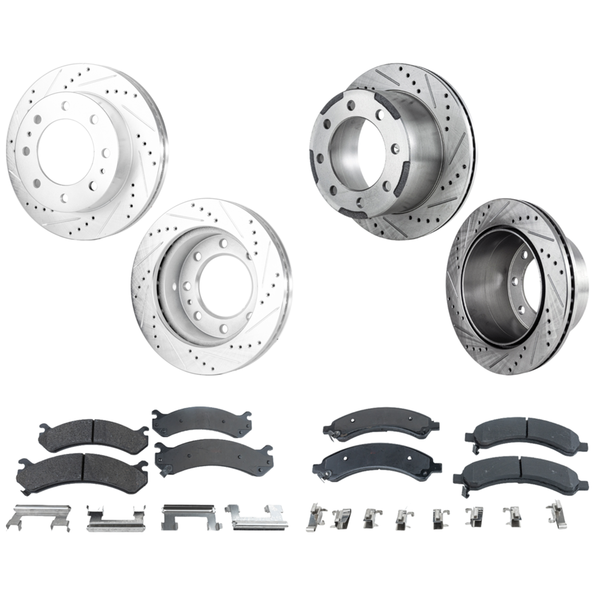 AM EXPRESS 3500-03-04 SAVANA 3500-03-07 FRONT AND REAR BRAKE DISC AND PAD KIT 4 Wheel Set Cross drilled and Slotted SKU KIT 050323-47 OEM 19-972-550-755-699-200-000-000-000