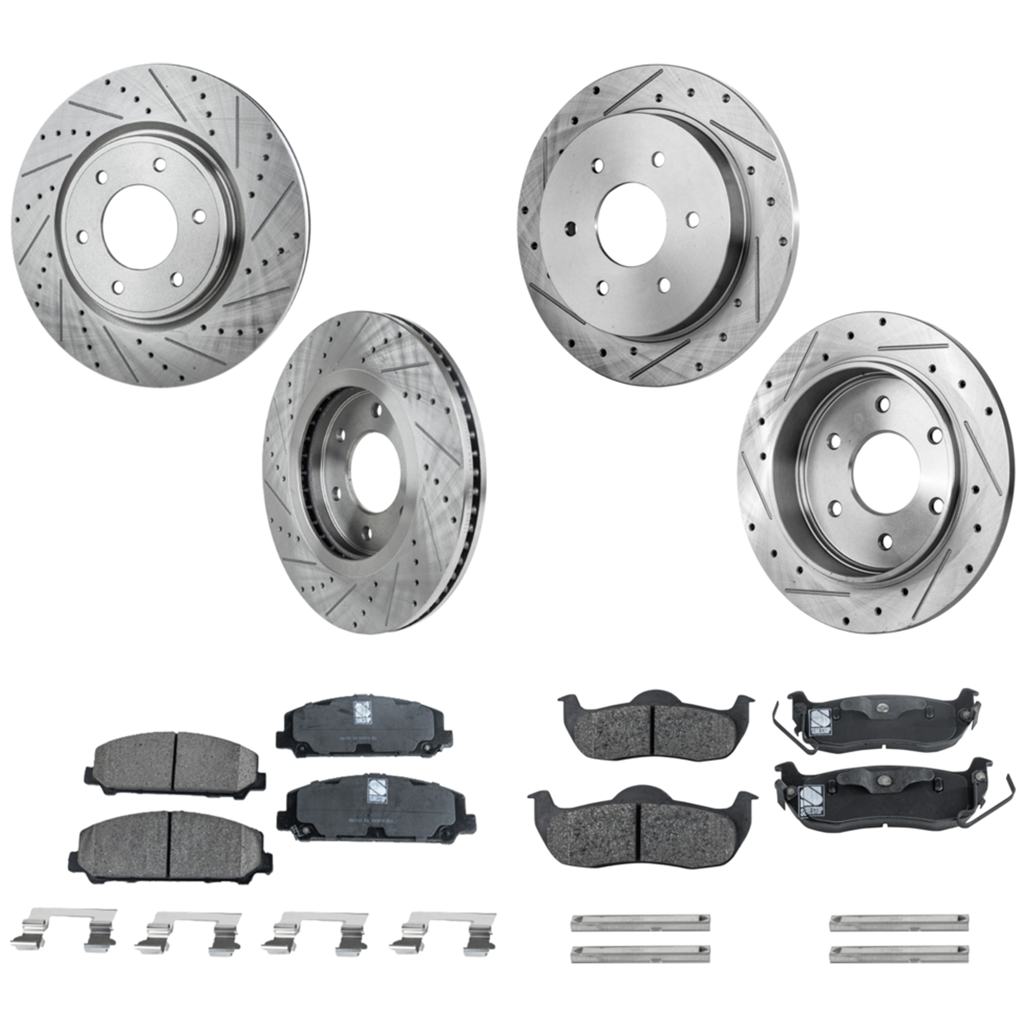 AM ARMADA TITAN 13-15 FRONT AND REAR BRAKE DISC AND PAD KIT Cross drilled and Slotted 8 pc kit Ceramic Front Semi Metallic Rear Pad Material SKU KIT 050323-48 OEM 31506-44617-0833325-850024-900