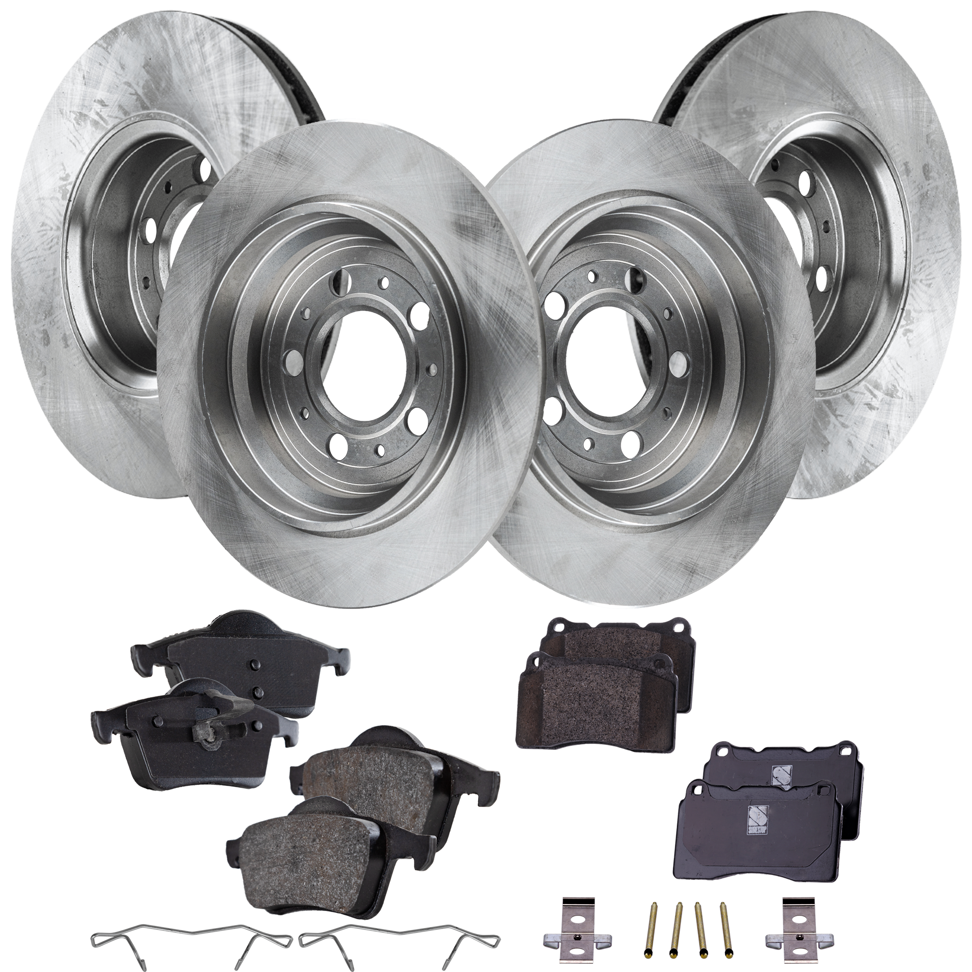 AM V70-04-07 FRONT AND REAR BRAKE DISC AND PAD KIT 4 Wheel Set Plain Surface Ceramic Front Non Asbestos Organic Rear Pad Material SKU KIT 050323-53 OEM 9434167-2724032-2713340-272399