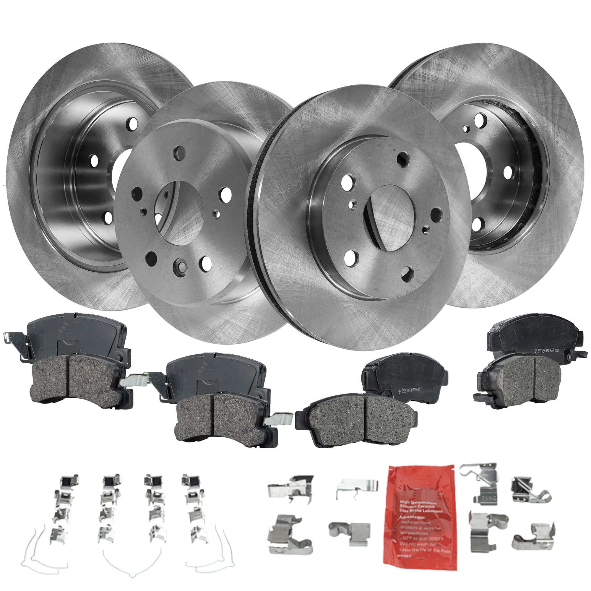 AM CAMRY 92-96 FRONT AND REAR BRAKE DISC AND PAD KIT Plain Surface 8 pc kit Ceramic Pad Material SKU KIT 050323-59 OEM 4243133010-4243133040-435123