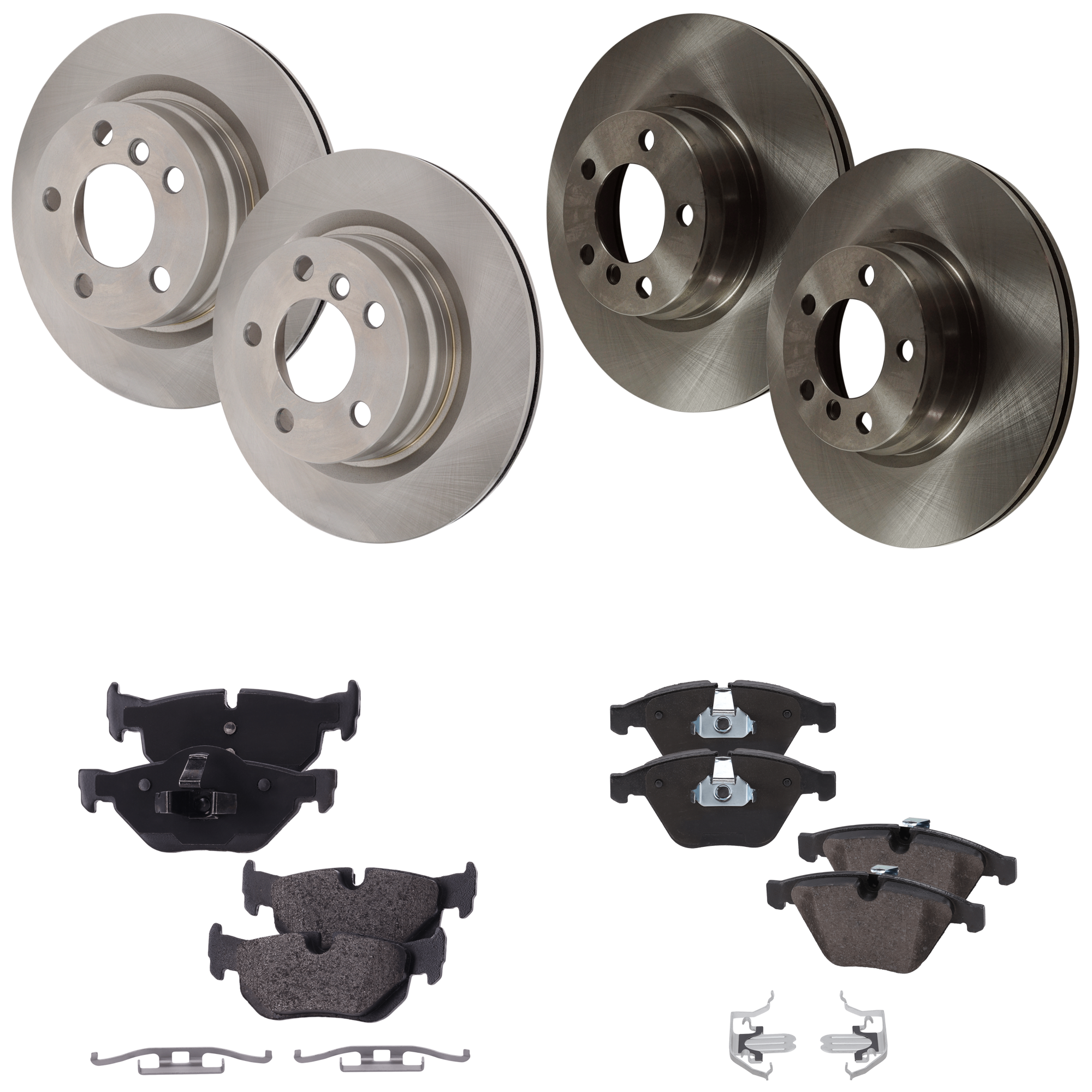 AM 328I 13-13 FRONT AND REAR BRAKE DISC AND PAD KIT Plain Surface 8 pc kit Non Asbestos Organic Front Semi Metallic Rear Pad Material SKU KIT 050323-65 OEM 15705-850402-12134143-60031111