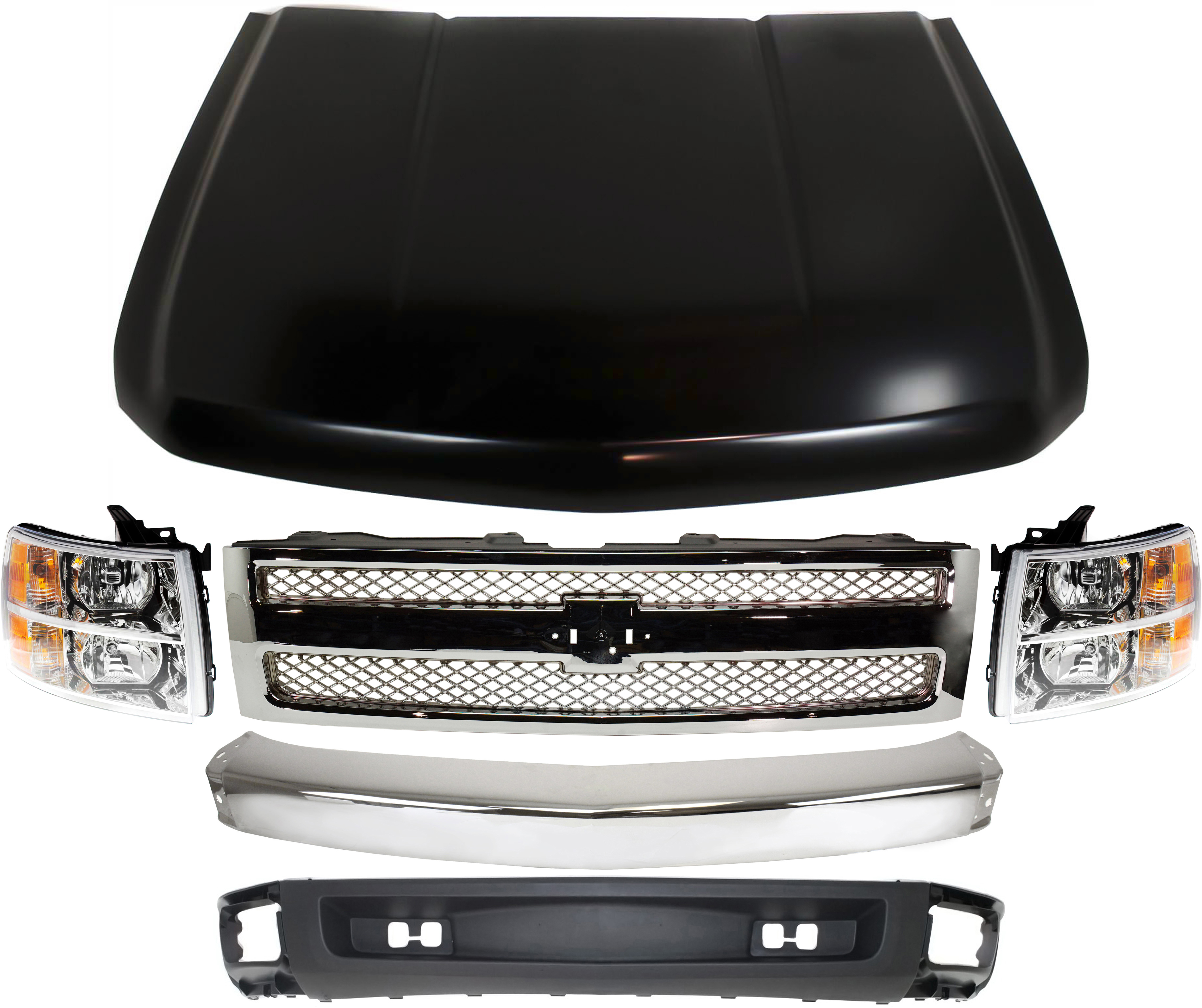 AM SILVERADO 1500-07-08 GRILLE 6 pc Kit with Bumper Headlights Hood and Lower Air Deflector SKU KIT 050417-04 Partslink GM1200655 GM1002830 GM2502280 GM2503280 GM1230365 GM1092192 OEM 22849840-15836961-22853027-228