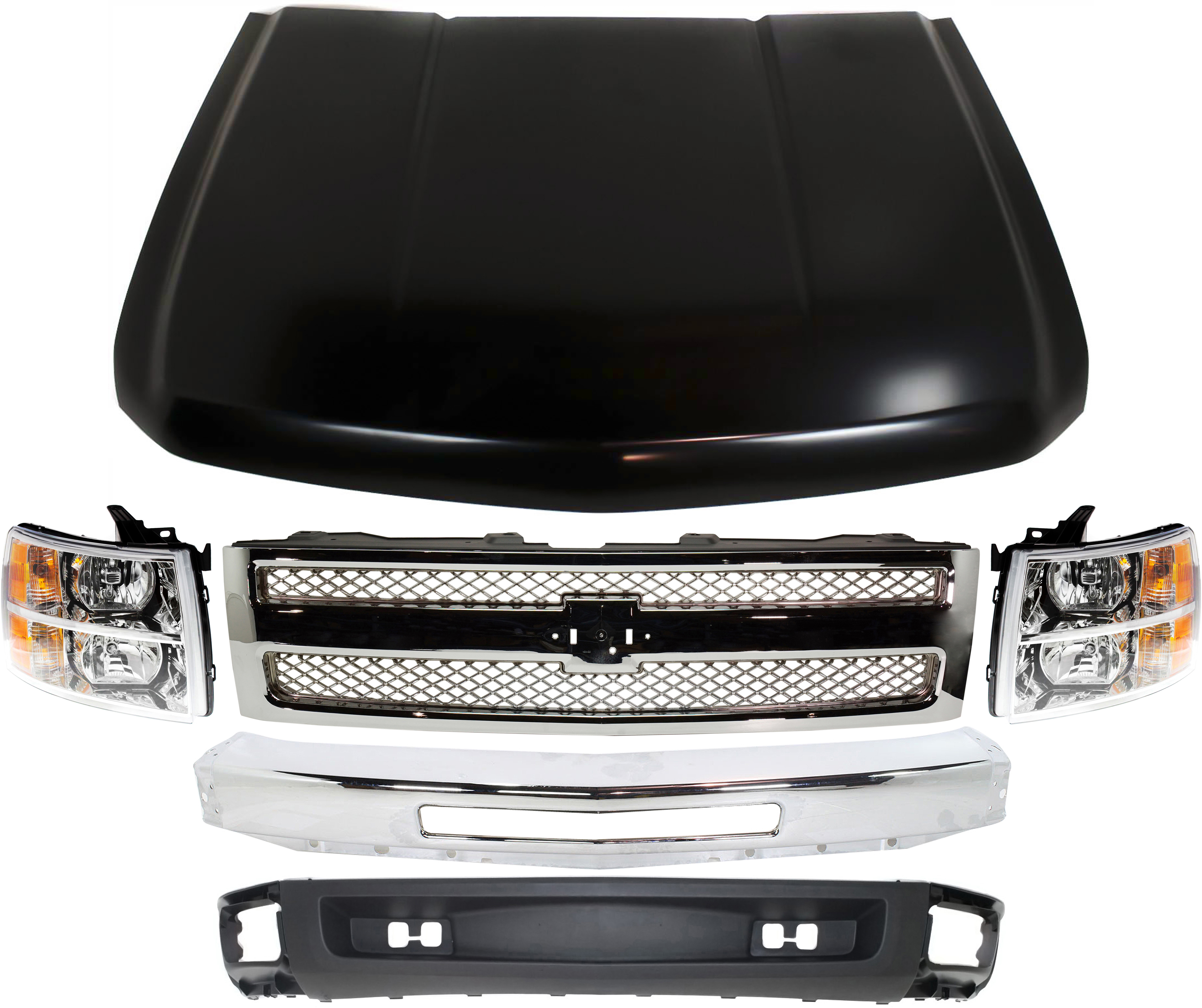 AM SILVERADO 1500-09-13 GRILLE 6 pc Kit with Bumper Headlights Hood and Lower Air Deflector SKU KIT 050417-05 Partslink GM1200655 GM1002831 GM2502280 GM2503280 GM1230365 GM1092192 OEM 22849840-15941850-22853027-228