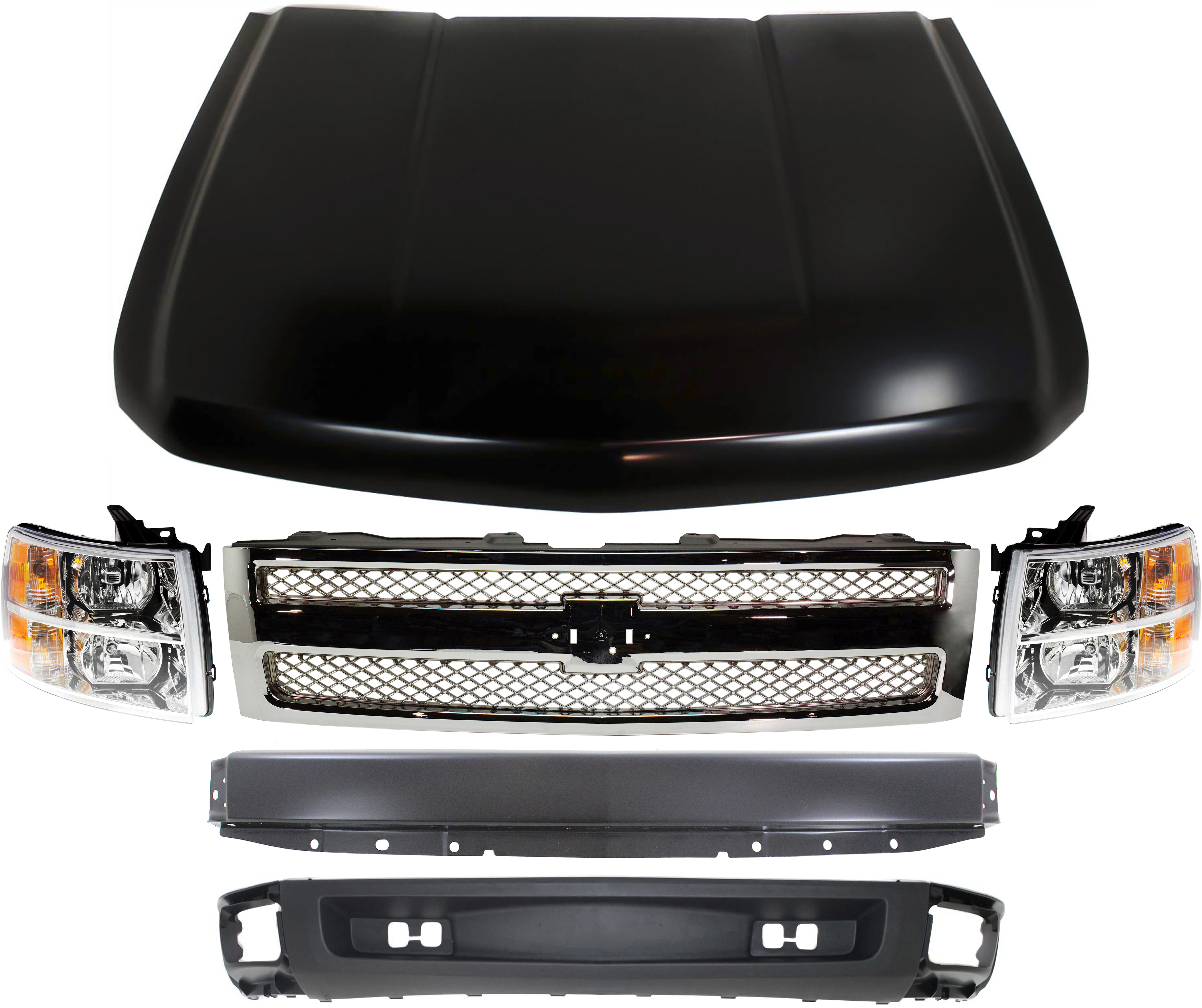 AM SILVERADO 1500-07-08 GRILLE 6 pc Kit with Bumper Headlights Hood and Lower Air Deflector SKU KIT 050417-06 Partslink GM1200655 GM1002828 GM2502280 GM2503280 GM1230365 GM1092192 OEM 22849840-15836962-22853027-228