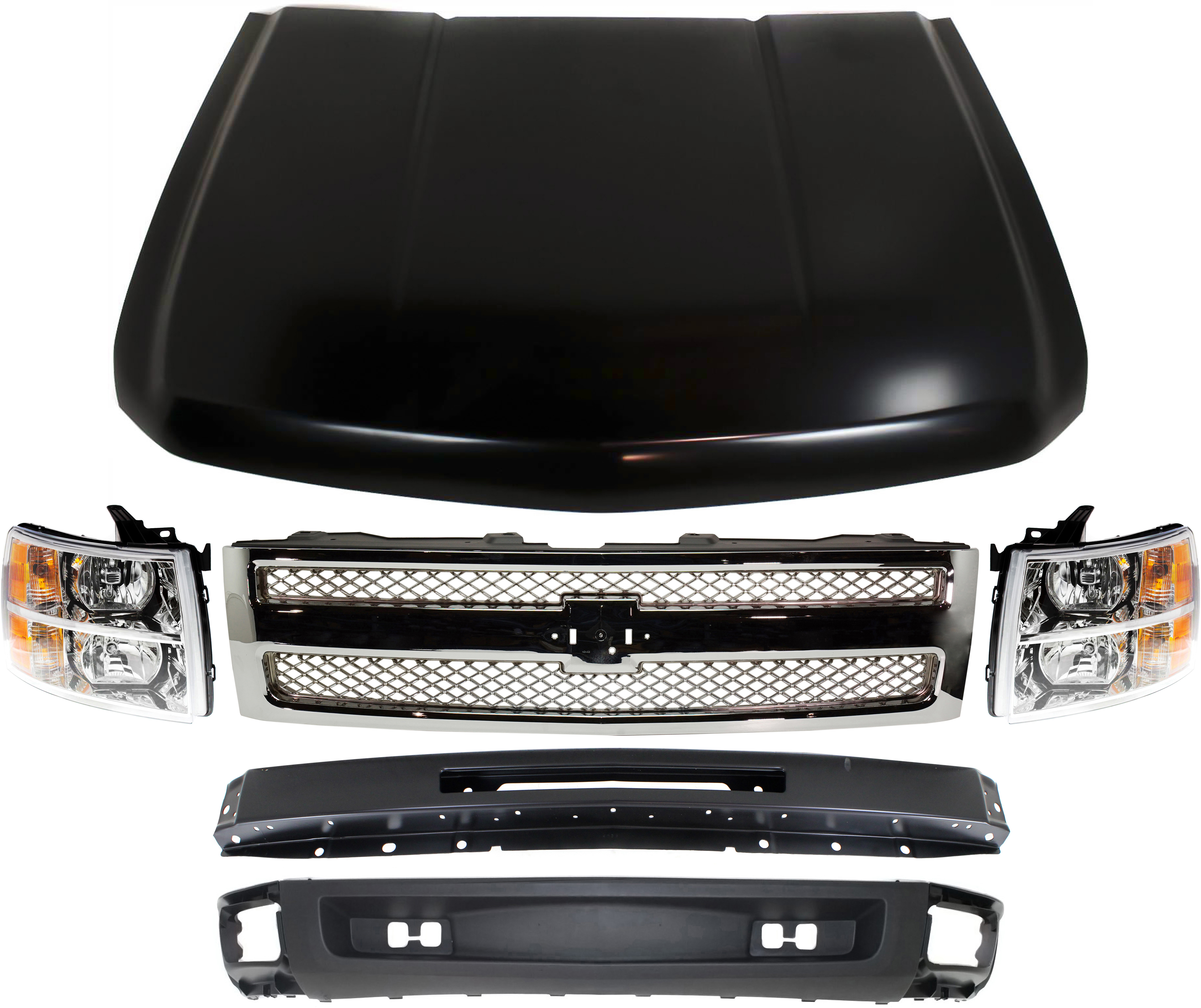 AM SILVERADO 1500-09-13 GRILLE 6 pc Kit with Bumper Headlights Hood and Lower Air Deflector SKU KIT 050417-07 Partslink GM1200655 GM1002836 GM2502280 GM2503280 GM1230365 GM1092192 OEM 22849840-15941837-15941850-228