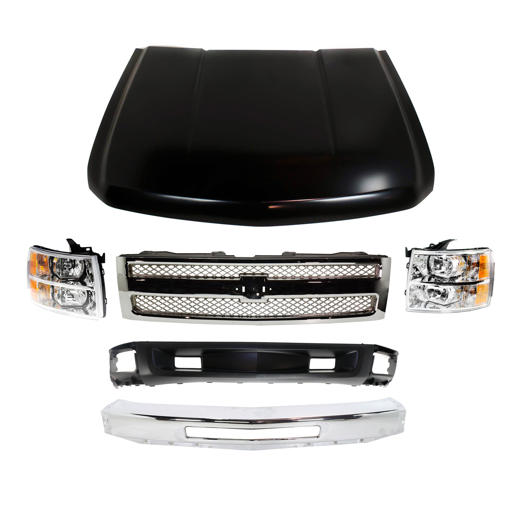 AM SILVERADO 1500-09-13 FRONT BUMPER 6 pc kit with Headlight Hood Grille and Valance SKU KIT 050417-09 Partslink GM1002831 GM1200655 GM2502280 GM2503280 GM1230365 GM1092246 OEM 15941850-22849840-22853027-228