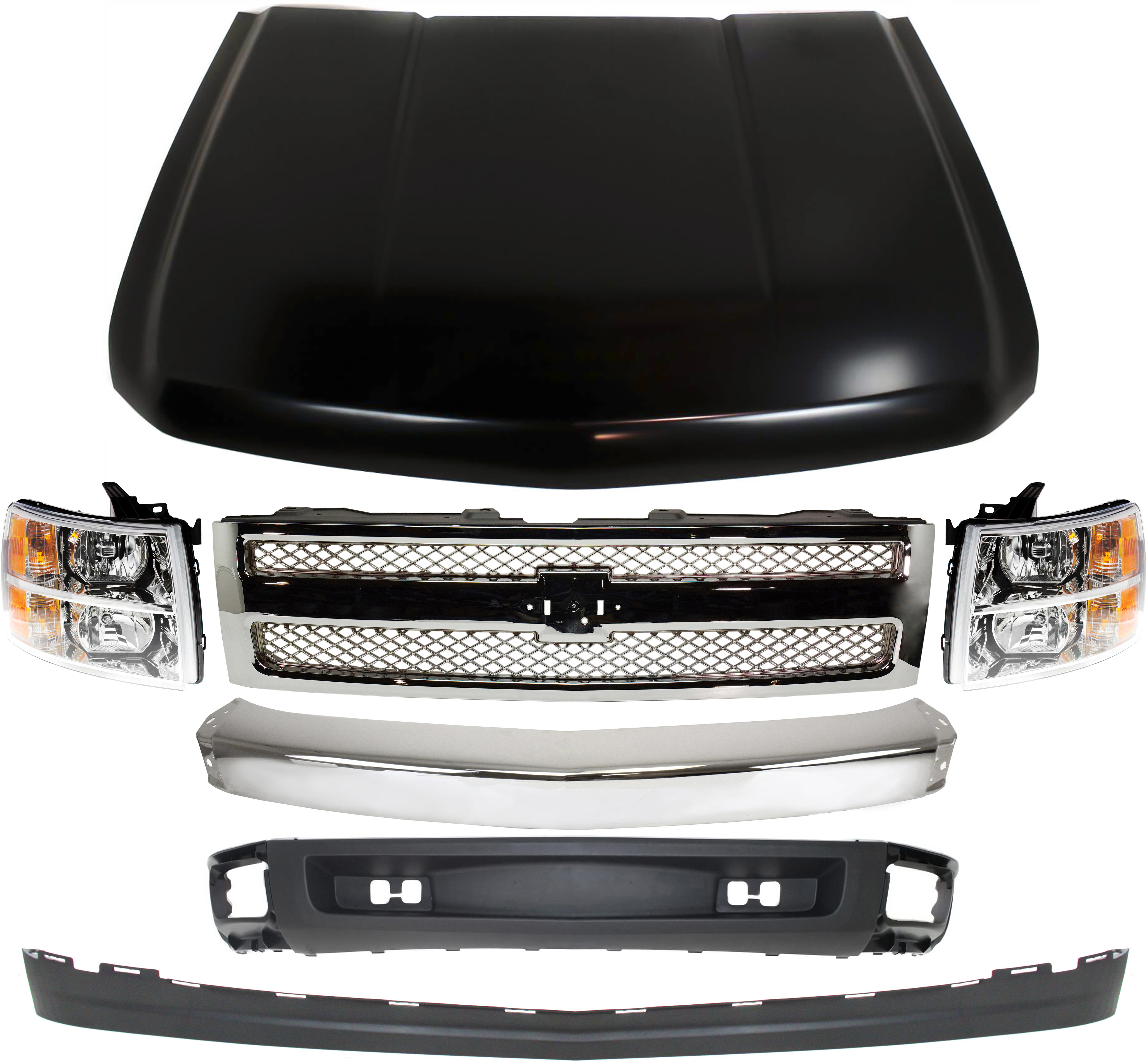 AM SILVERADO 1500-07-08 GRILLE 7 pc Kit with Bumper Headlights Hood Lower Air Deflector and Lower Air Deflector Extension SKU KIT 050417-12 Partslink GM1200655 GM1002830 GM2502280 GM2503280 GM1230365 GM1092192 GM1092191 OEM 22849840-15836961-22853027-228