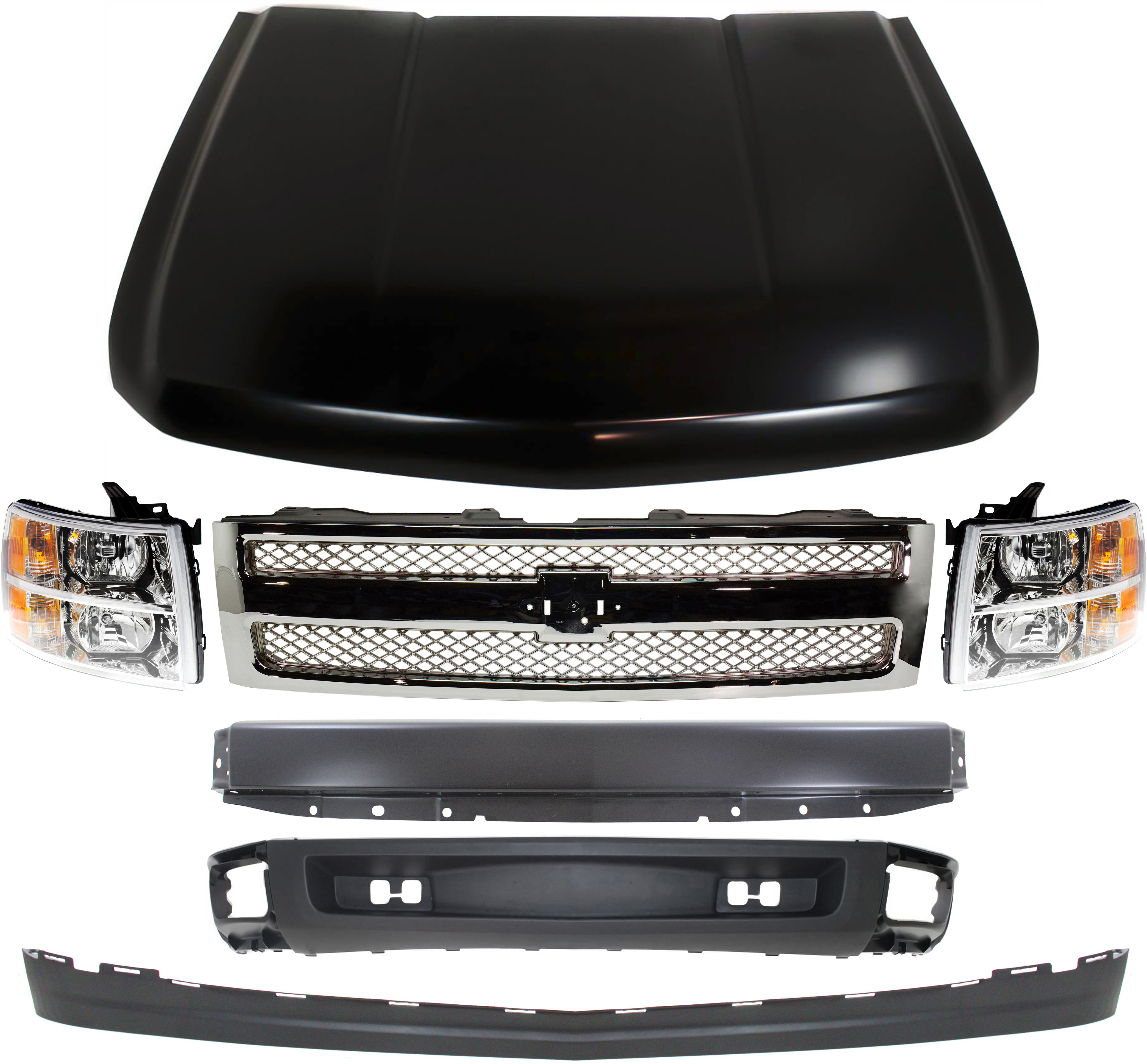 AM SILVERADO 1500-07-08 GRILLE 7 pc Kit with Bumper Headlights Hood Lower Air Deflector and Lower Air Deflector Extension SKU KIT 050417-14 Partslink GM1200655 GM1002828 GM2502280 GM2503280 GM1230365 GM1092192 GM1092191 OEM 22849840-15836962-22853027-228