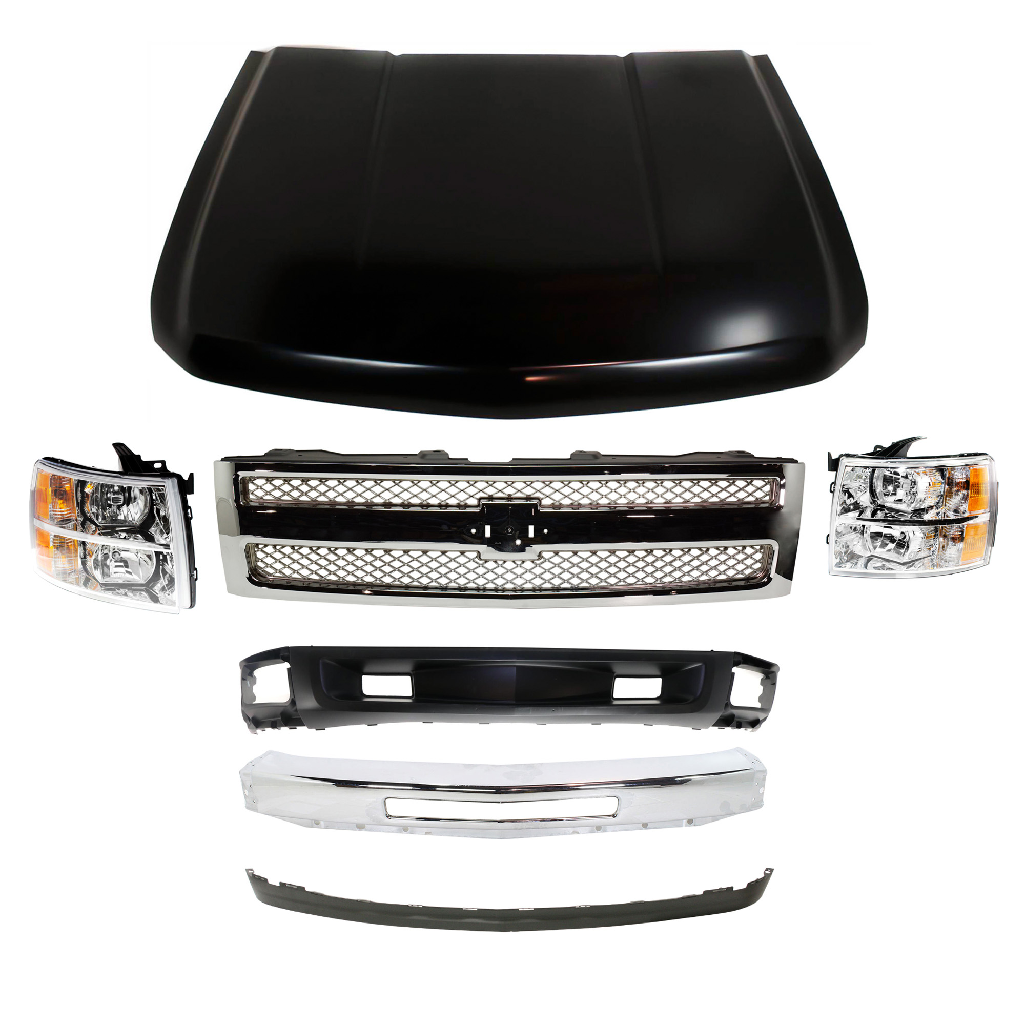 AM SILVERADO 1500-09-13 FRONT BUMPER 7 pc kit with Grille Assembly Headlights Hood and Valances SKU KIT 050417-17 Partslink GM1002831 GM1200655 GM2502280 GM2503280 GM1230365 GM1092191 GM1092246 OEM 15941850-22849840-22853027-228