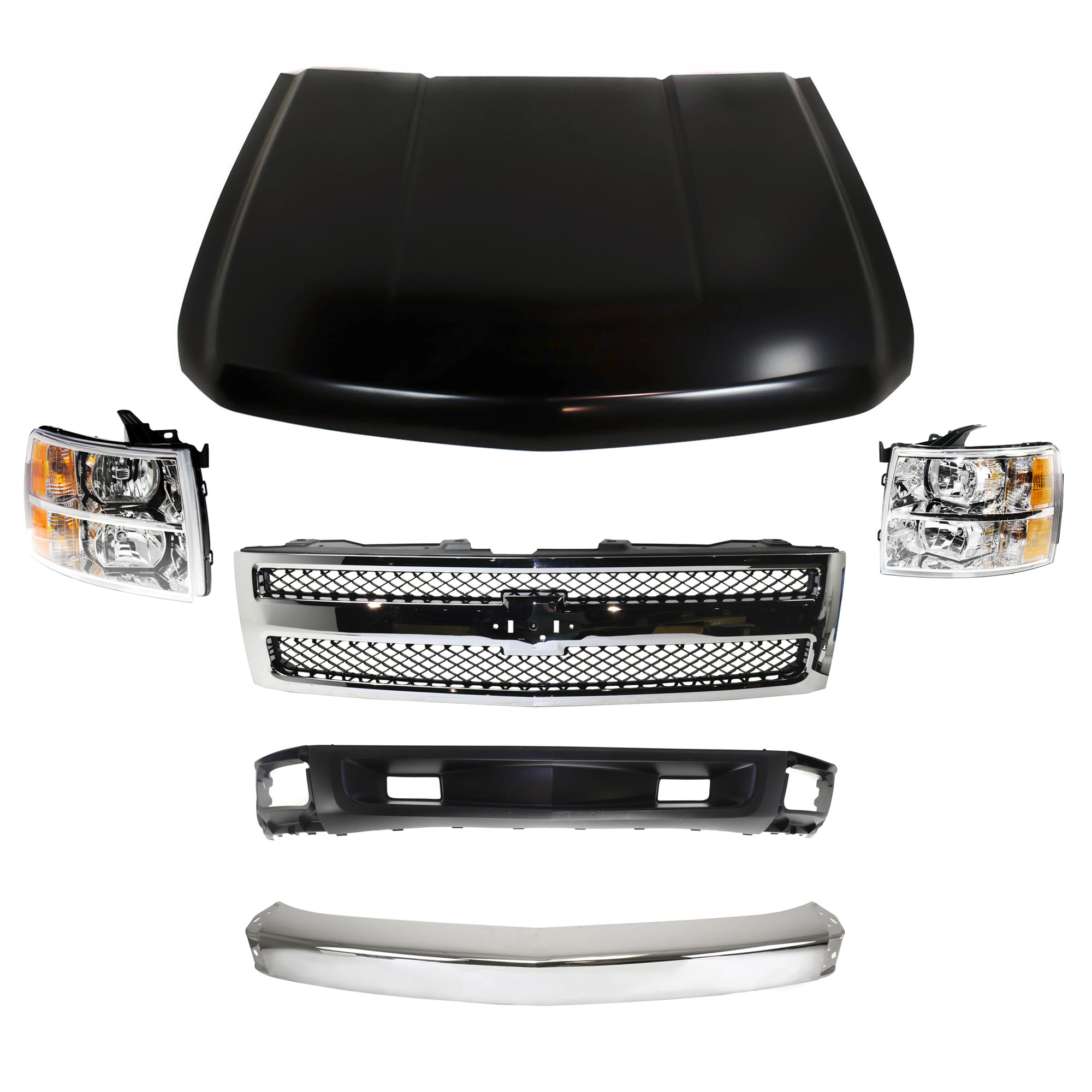 AM SILVERADO 1500-07-08 FRONT BUMPER Chrome 6 pc kit with Headlights and Grille SKU KIT 050417-24 Partslink GM1002830 GM1200572 GM2502280 GM2503280 GM1230365 GM1092246 OEM 15836961-25810707-19303978-228