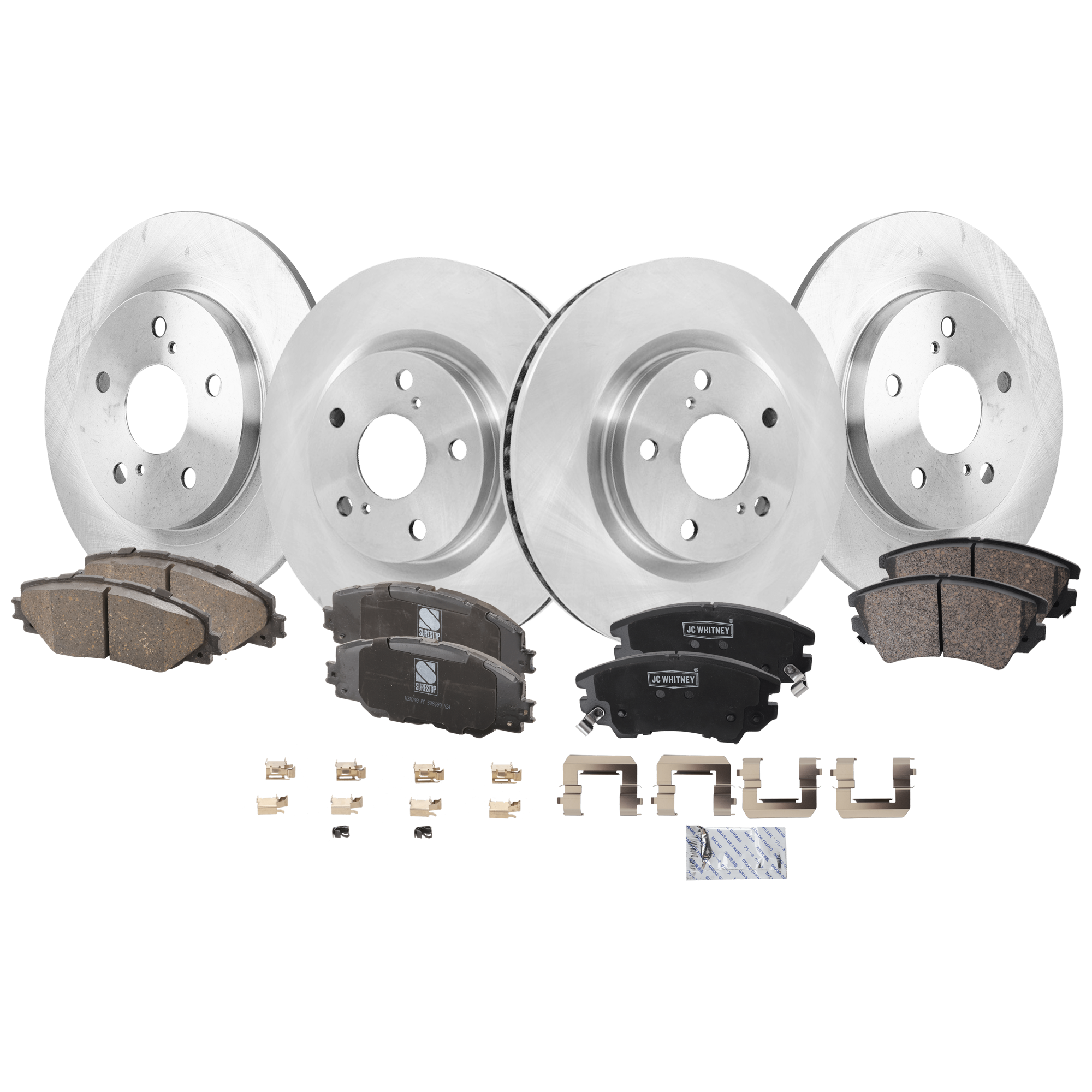 AM COROLLA IM 17-18 FRONT AND REAR BRAKE DISC AND PAD KIT 8 pc kit Plain Surface 5 Lugs Cast Iron Ceramic SKU KIT 050423-02 OEM 4351242050-4351202250-19184294