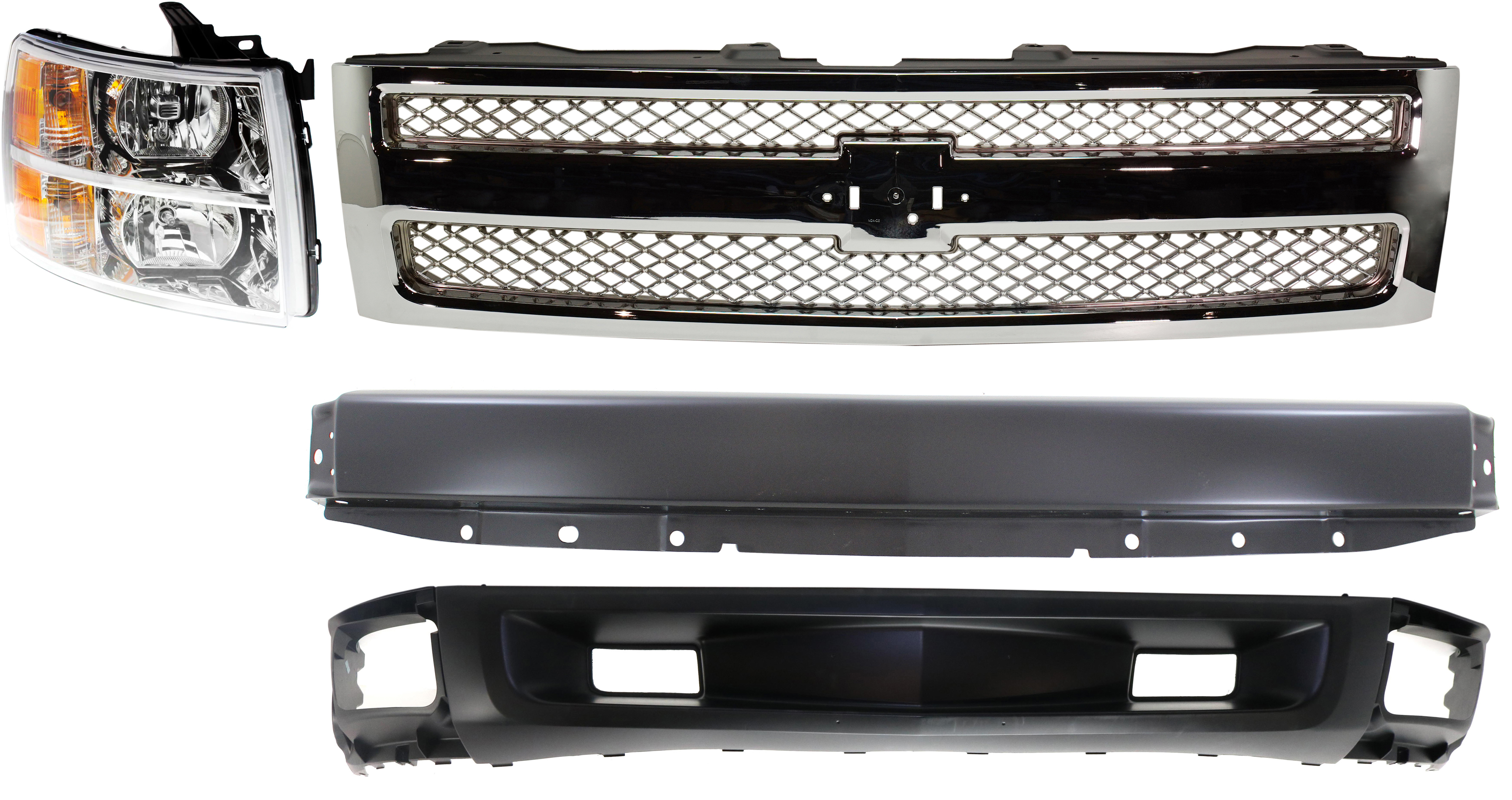 AM SILVERADO 1500-07-08 GRILLE 4 pc Kit with Bumper Headlight and Lower Air Deflector SKU KIT 050517-55 Partslink GM1200655 GM1002828 GM2503280 GM1092246 OEM 22849840-15836962-22853028-207