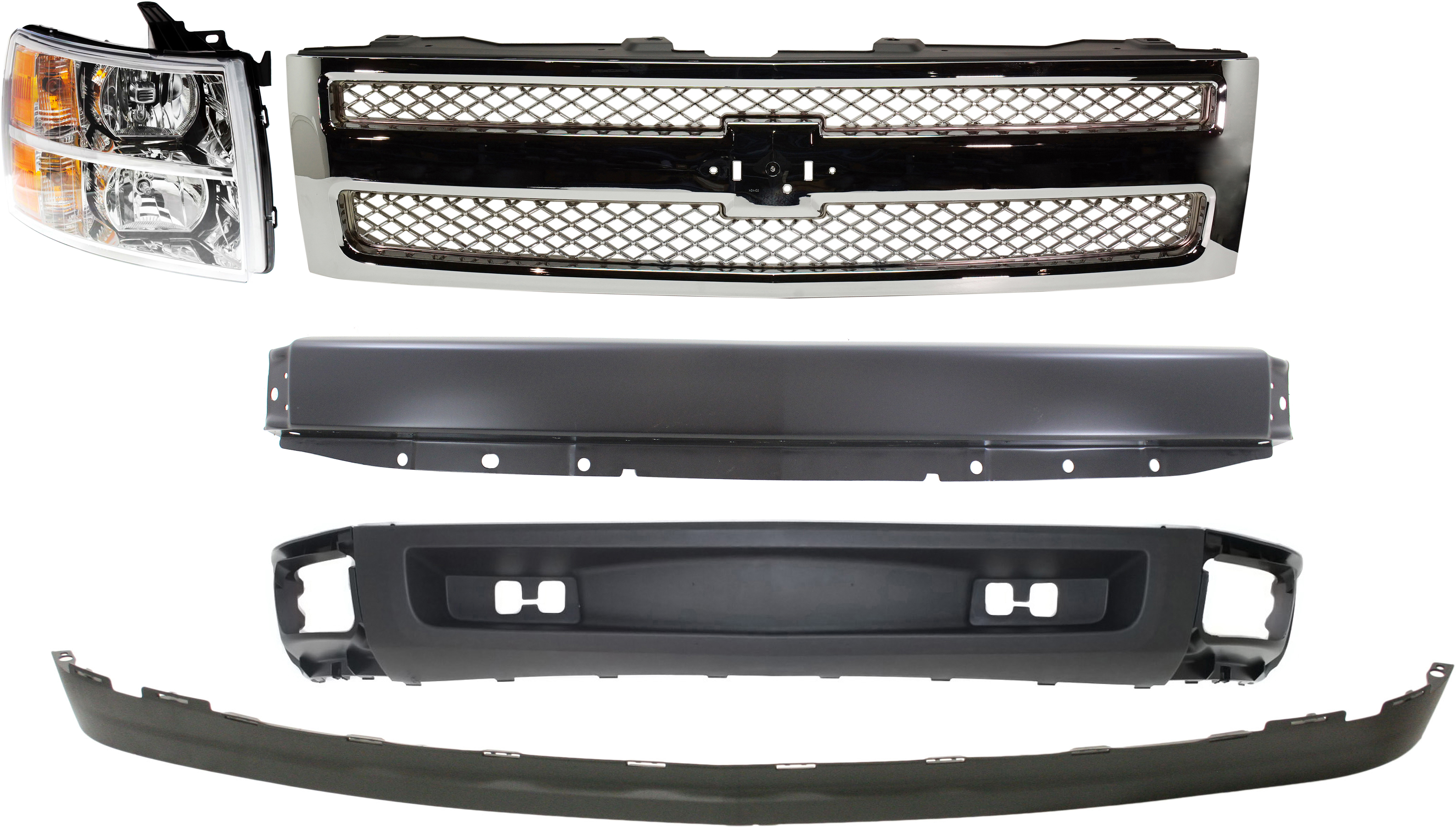 AM SILVERADO 1500-07-08 GRILLE 5 pc Kit with Bumper Headlight Lower Air Deflector and Lower Air Deflector Extension SKU KIT 050517-59 Partslink GM1200655 GM1002828 GM2503280 GM1092192 GM1092191 OEM 22849840-15836962-22853028-159