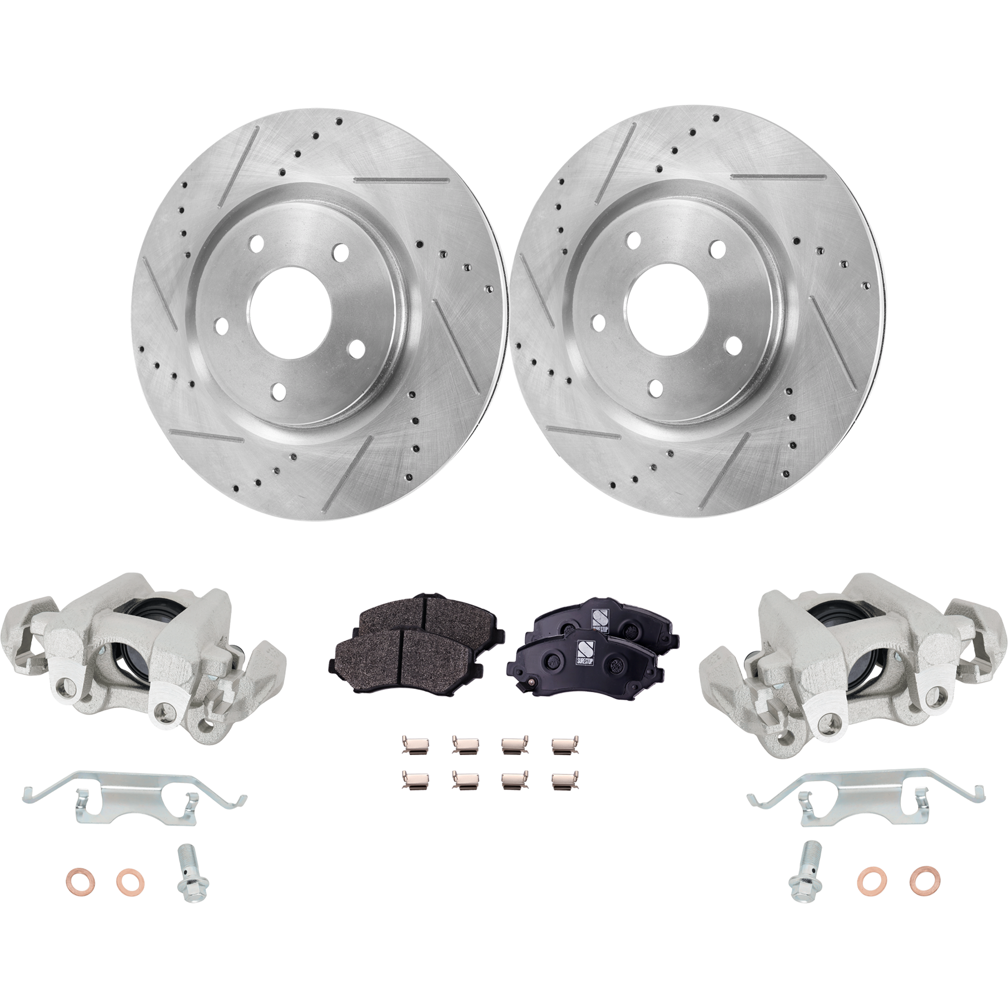 AM JOURNEY 12-12 FRONT BRAKE KIT WITH CALIPERS 2 Wheel Set Includes 2 Brake Caliper 2 Brake Disc and 1 Brake Pad Set Cross drilled and Slotted 5 Lugs Semi Metallic SKU KIT 050525-03 OEM 68003697AA 68003707AA 43179-53