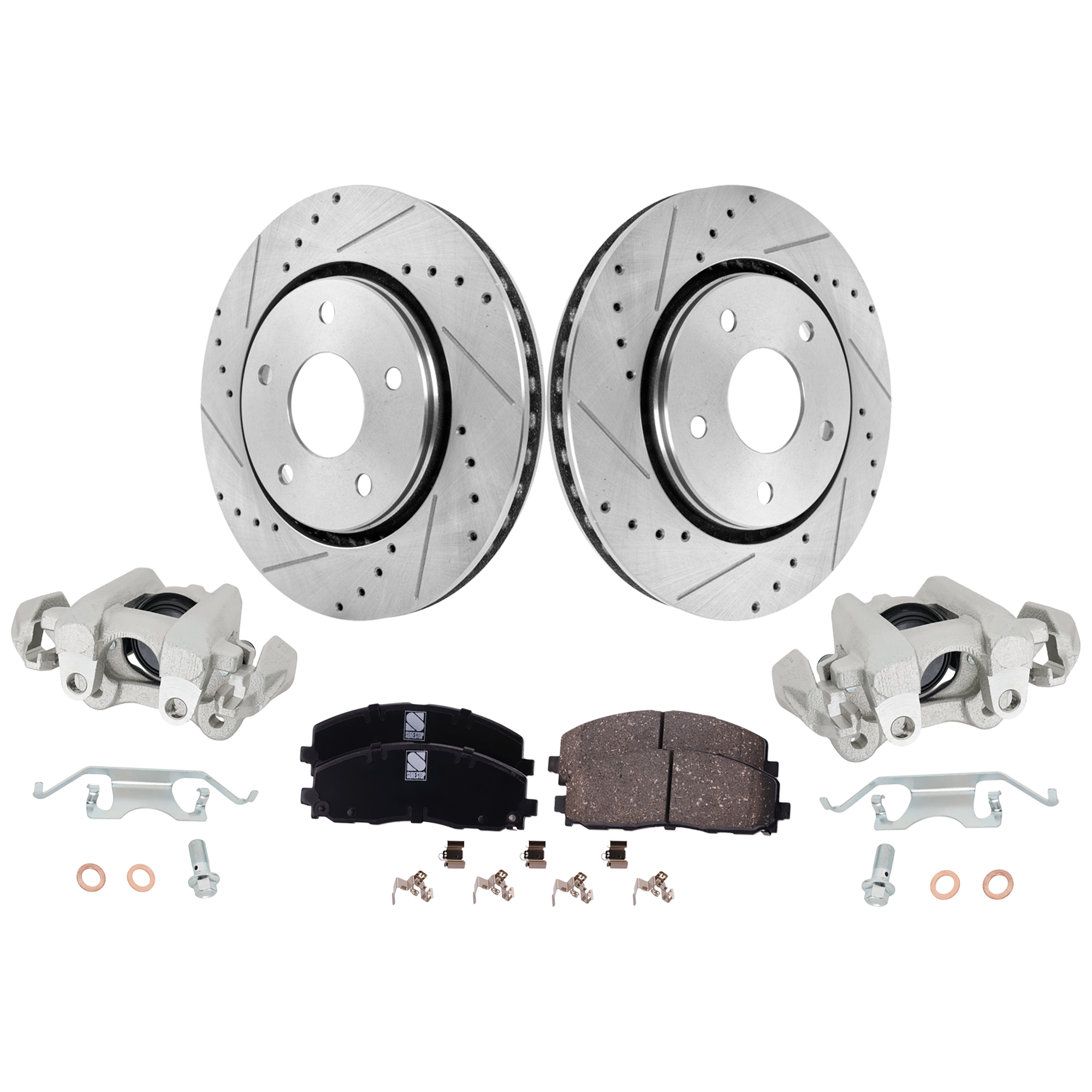 AM JOURNEY 12-12 FRONT BRAKE KIT WITH CALIPERS 2 Wheel Set Includes 2 Brake Caliper 2 Brake Disc and 1 Brake Pad Set Cross drilled and Slotted 5 Lugs Ceramic SKU KIT 050525-06 OEM 19301-43166-43537-53051-53052