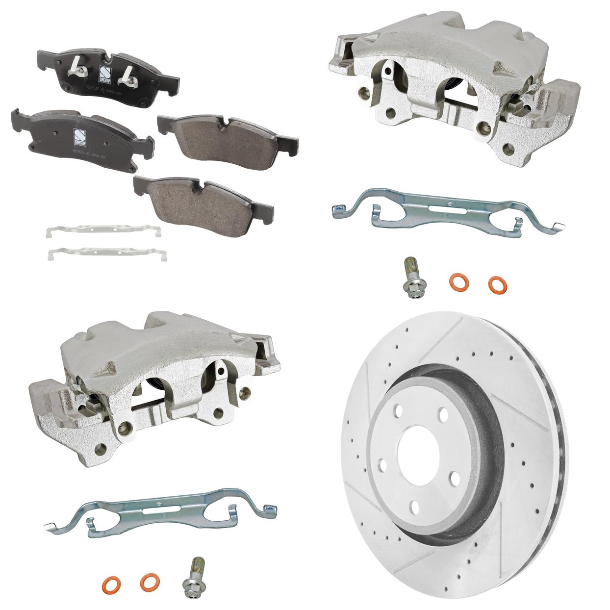 AM DURANGO 12-15 GRAND CHEROKEE 13-15 FRONT BRAKE KIT WITH CALIPERS 2 Wheel Set Includes 2 Brake Caliper 2 Brake Disc and 1 Brake Pad Set Cross drilled and Slotted 5 Lugs Organic SKU KIT 050525-10 OEM 43175-53064-850240-60042007-53