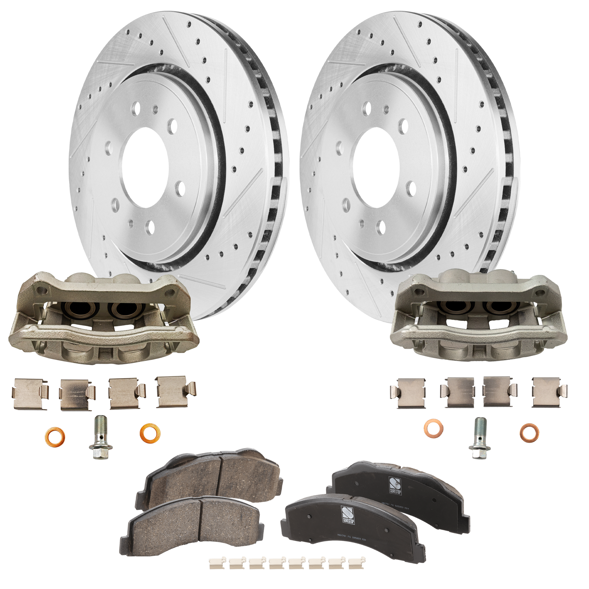 AM F 150-12-17 FRONT BRAKE KIT WITH CALIPERS 2 Wheel Set Includes 2 Brake Caliper 2 Brake Disc and 1 Brake Pad Set Cross drilled and Slotted 6 Lugs Ceramic SKU KIT 050525-26 OEM 42251-54153-60410-900368-90084