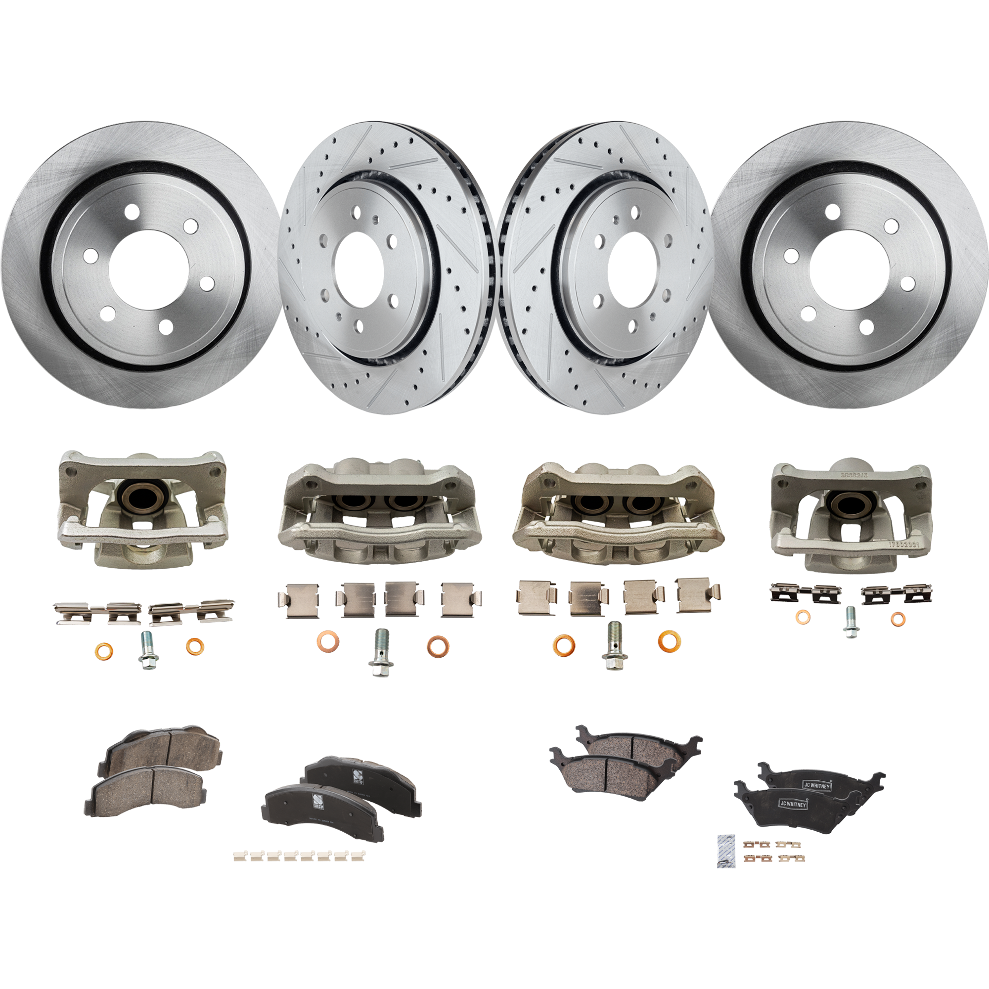 AM F 150-12-16 FRONT AND REAR BRAKE KIT WITH CALIPERS 4 Wheel Set Includes 4 Brake Caliper 4 Brake Disc and 2 Brake Pad Set Front Cross drilled and Slotted Rear Plain Surface 6 Lugs Ceramic SKU KIT 050525-271 OEM 42251-54153-60410-900368-90084