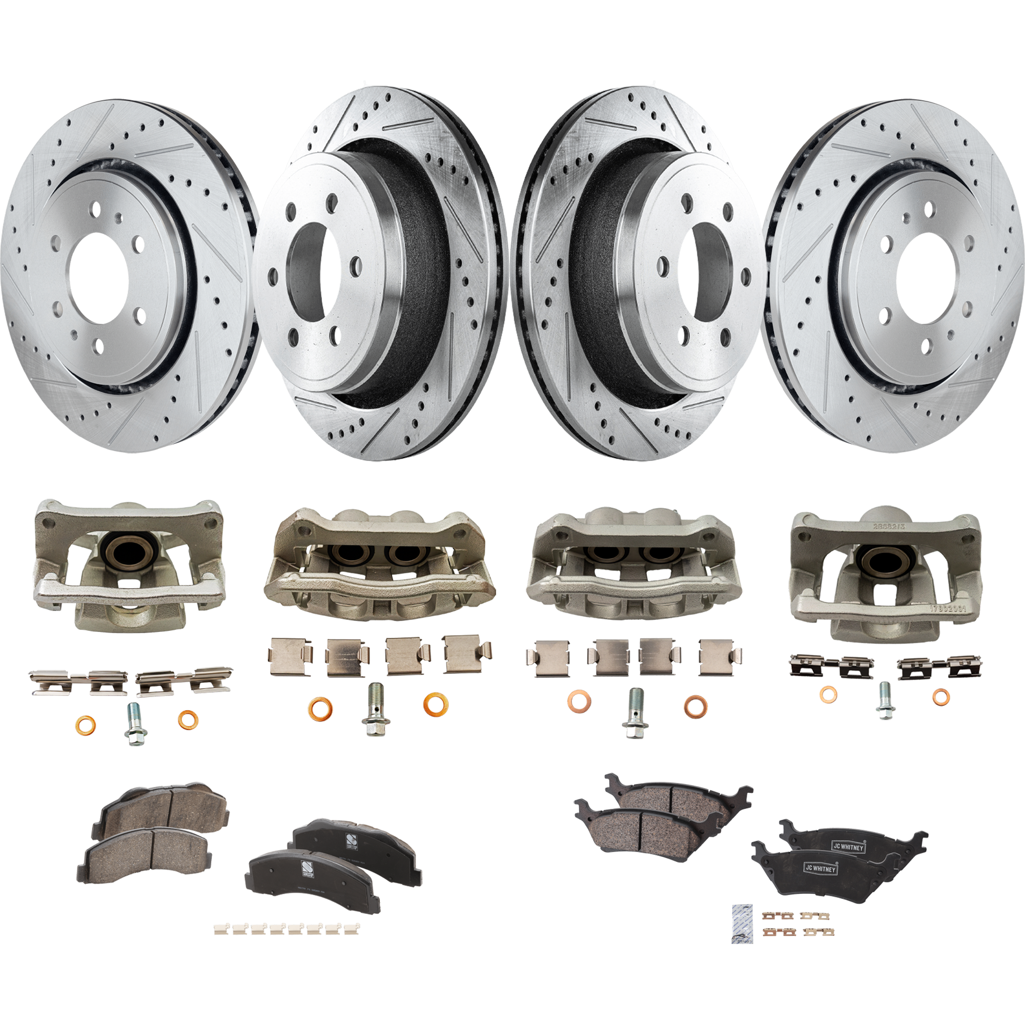 AM F 150-12-16 FRONT AND REAR BRAKE KIT WITH CALIPERS 4 Wheel Set Includes 4 Brake Caliper 4 Brake Disc and 2 Brake Pad Set Cross drilled and Slotted 6 Lugs Ceramic SKU KIT 050525-273 OEM 42251-54153-60410-900368-90084