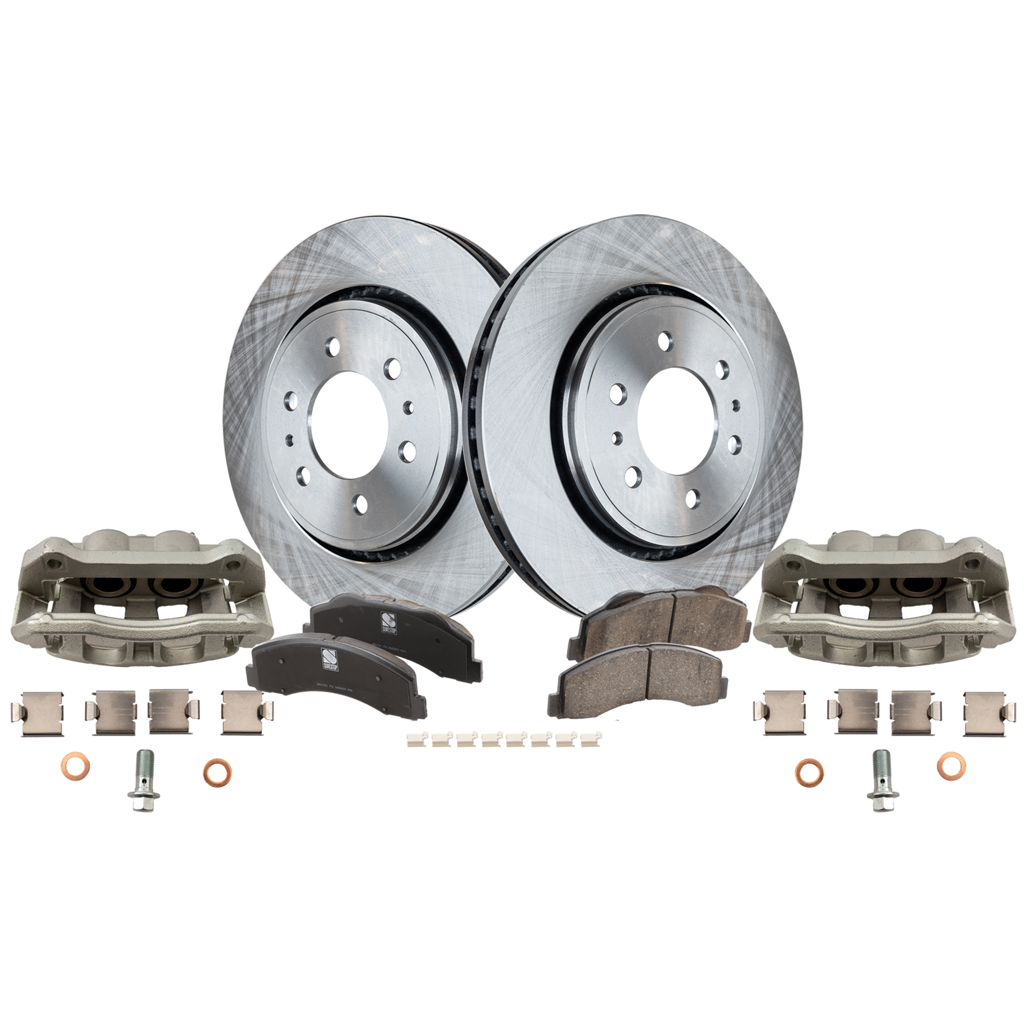 AM F 150-12-17 FRONT BRAKE KIT WITH CALIPERS 2 Wheel Set Includes 2 Brake Caliper 2 Brake Disc and 1 Brake Pad Set Plain Surface 6 Lugs Cast Iron Ceramic SKU KIT 050525-27 OEM 7L1Z1125A 9L1Z1125A 8L1Z1125A