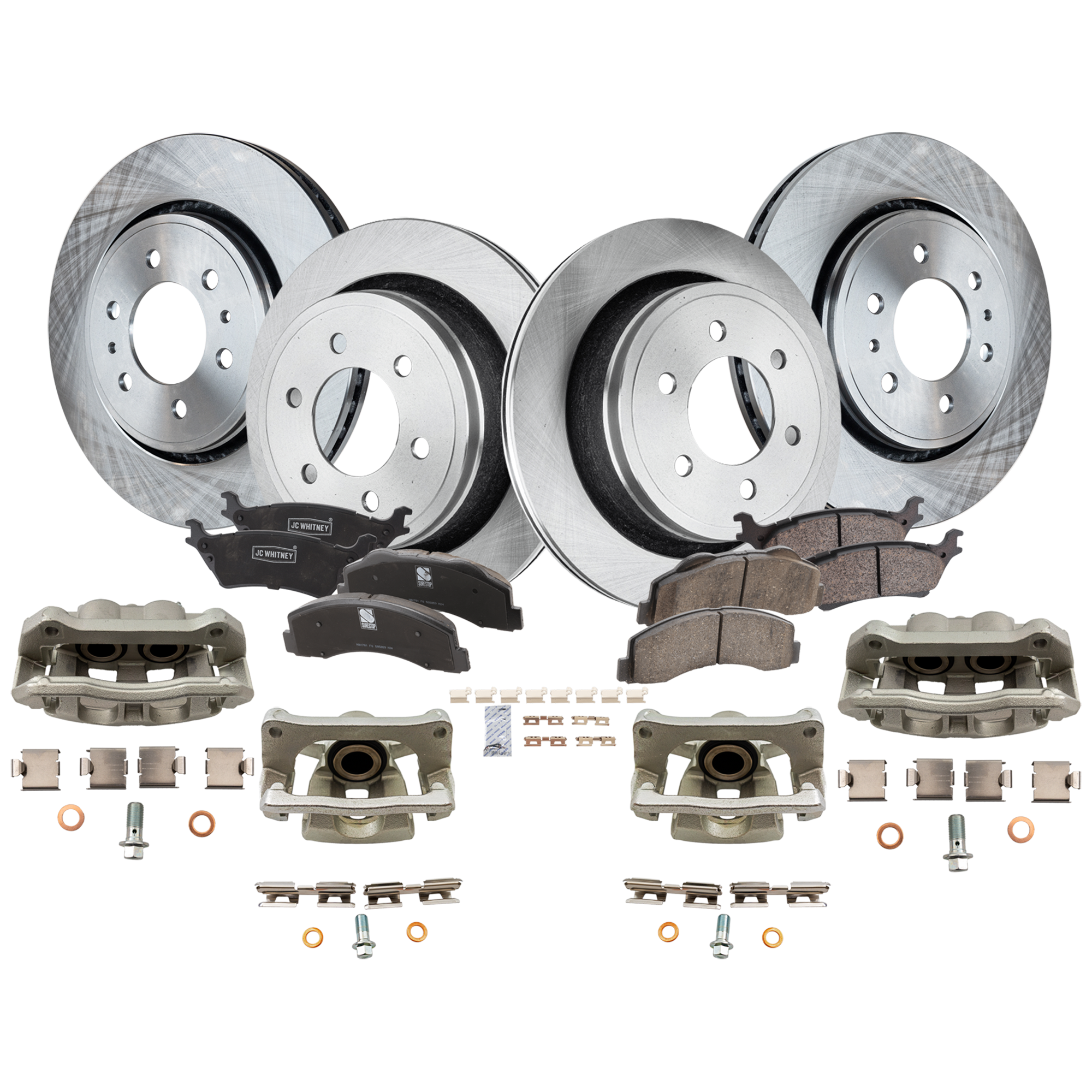 AM F 150-12-16 FRONT AND REAR BRAKE KIT WITH CALIPERS 4 Wheel Set Includes 4 Brake Caliper 4 Brake Disc and 2 Brake Pad Set Plain Surface 6 Lugs Cast Iron Ceramic SKU KIT 050525-280 OEM 7L1Z1125A 9L1Z1125A 8L1Z1125A