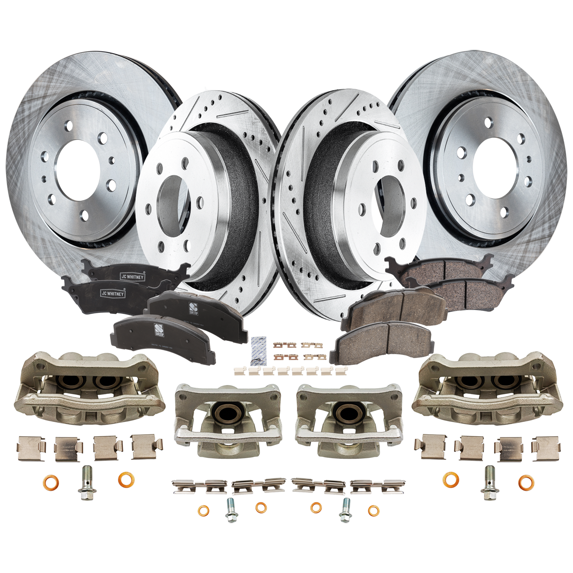 AM F 150-12-16 FRONT AND REAR BRAKE KIT WITH CALIPERS 4 Wheel Set Includes 4 Brake Caliper 4 Brake Disc and 2 Brake Pad Set Front Plain Surface Rear Cross drilled and Slotted 6 Lugs Cast Iro SKU KIT 050525-282 OEM 7L1Z1125A 9L1Z1125A 8L1Z1125A