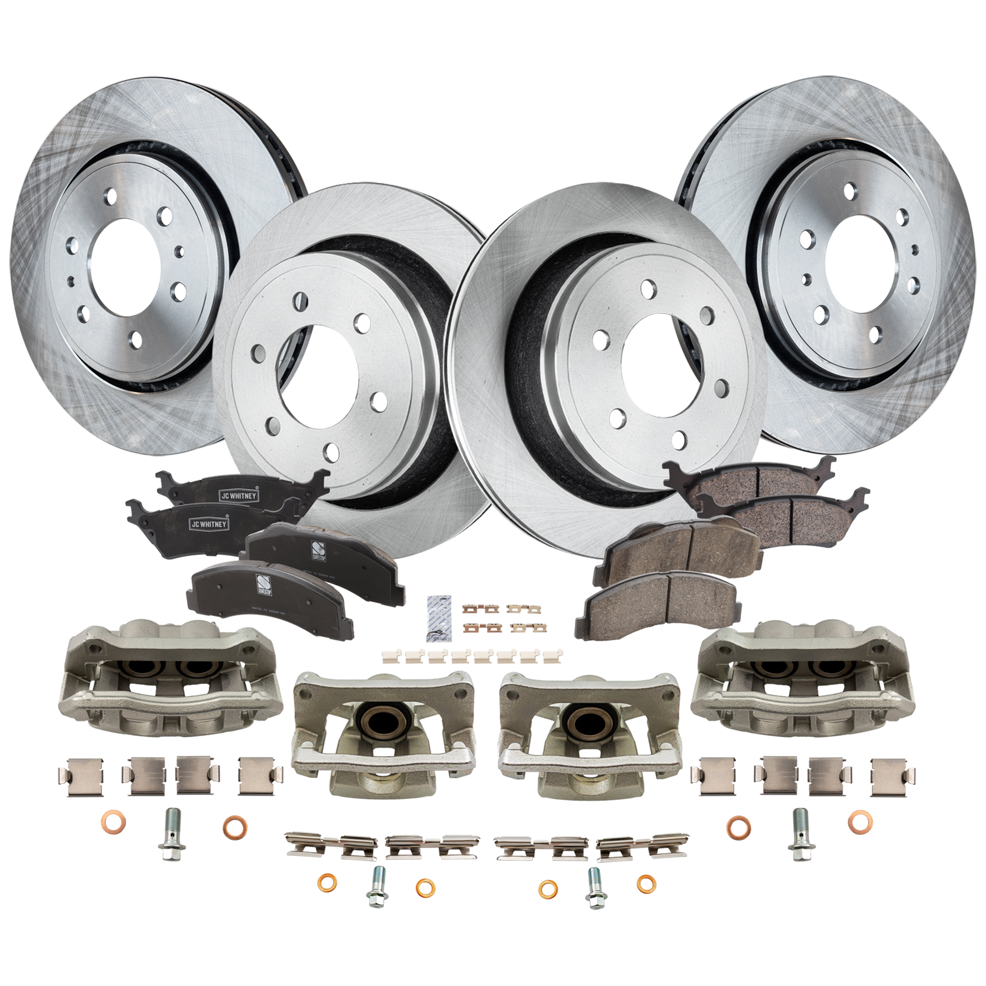 AM F 150-12-16 FRONT AND REAR BRAKE KIT WITH CALIPERS 4 Wheel Set Includes 4 Brake Caliper 4 Brake Disc and 2 Brake Pad Set Plain Surface 6 Lugs Cast Iron Ceramic SKU KIT 050525-285 OEM 7L1Z1125A 9L1Z1125A 8L1Z1125A