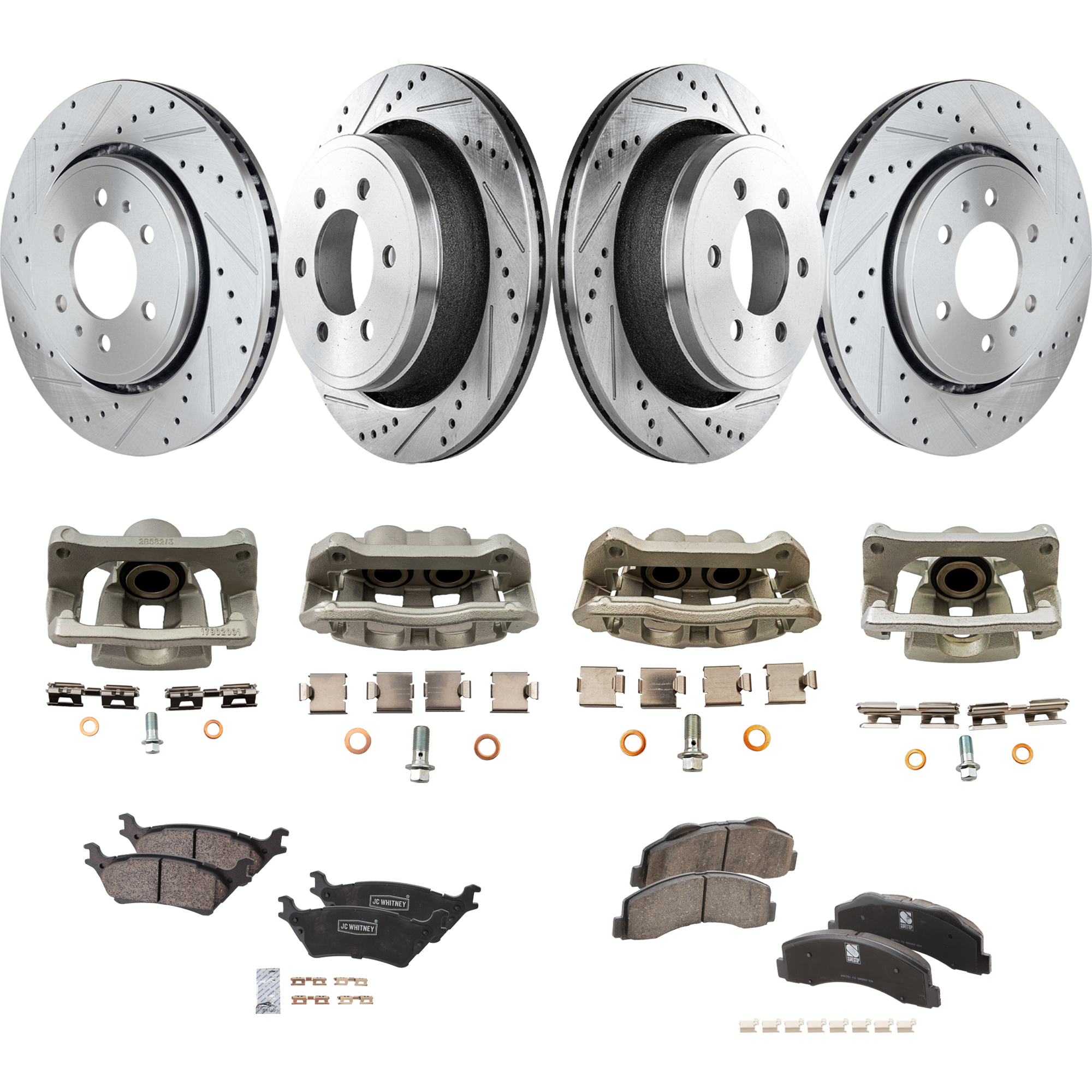 AM F 150-12-16 FRONT AND REAR BRAKE KIT WITH CALIPERS 4 Wheel Set Includes 4 Brake Caliper 4 Brake Disc and 2 Brake Pad Set Cross drilled and Slotted 6 Lugs Ceramic SKU KIT 050525-287 OEM 42251-54153-60410-900368-90084