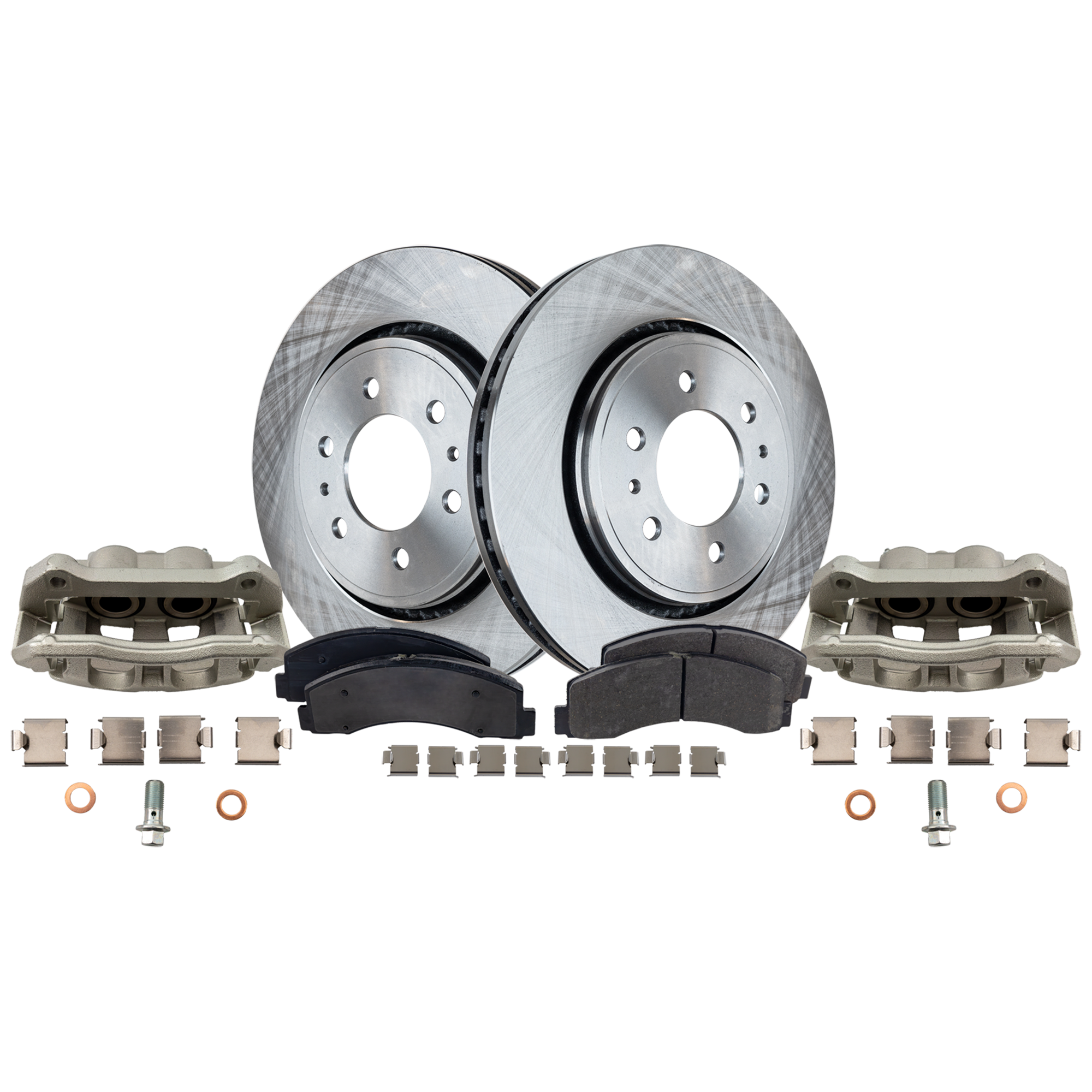 AM F 150-18-20 FRONT BRAKE KIT WITH CALIPERS 2 Wheel Set Includes 2 Brake Caliper 2 Brake Disc and 1 Brake Pad Set Plain Surface 6 Lugs Cast Iron Semi Metallic SKU KIT 050525-28 OEM 7L1Z1125A 9L1Z1125A 8L1Z1125A