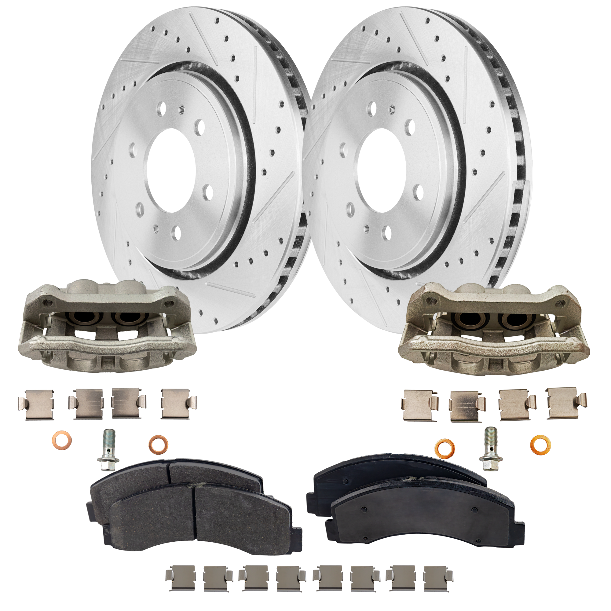 AM F 150-18-20 FRONT BRAKE KIT WITH CALIPERS 2 Wheel Set Includes 2 Brake Caliper 2 Brake Disc and 1 Brake Pad Set Cross drilled and Slotted 6 Lugs Semi Metallic SKU KIT 050525-29 OEM 42251-54153-60410-900368-90084