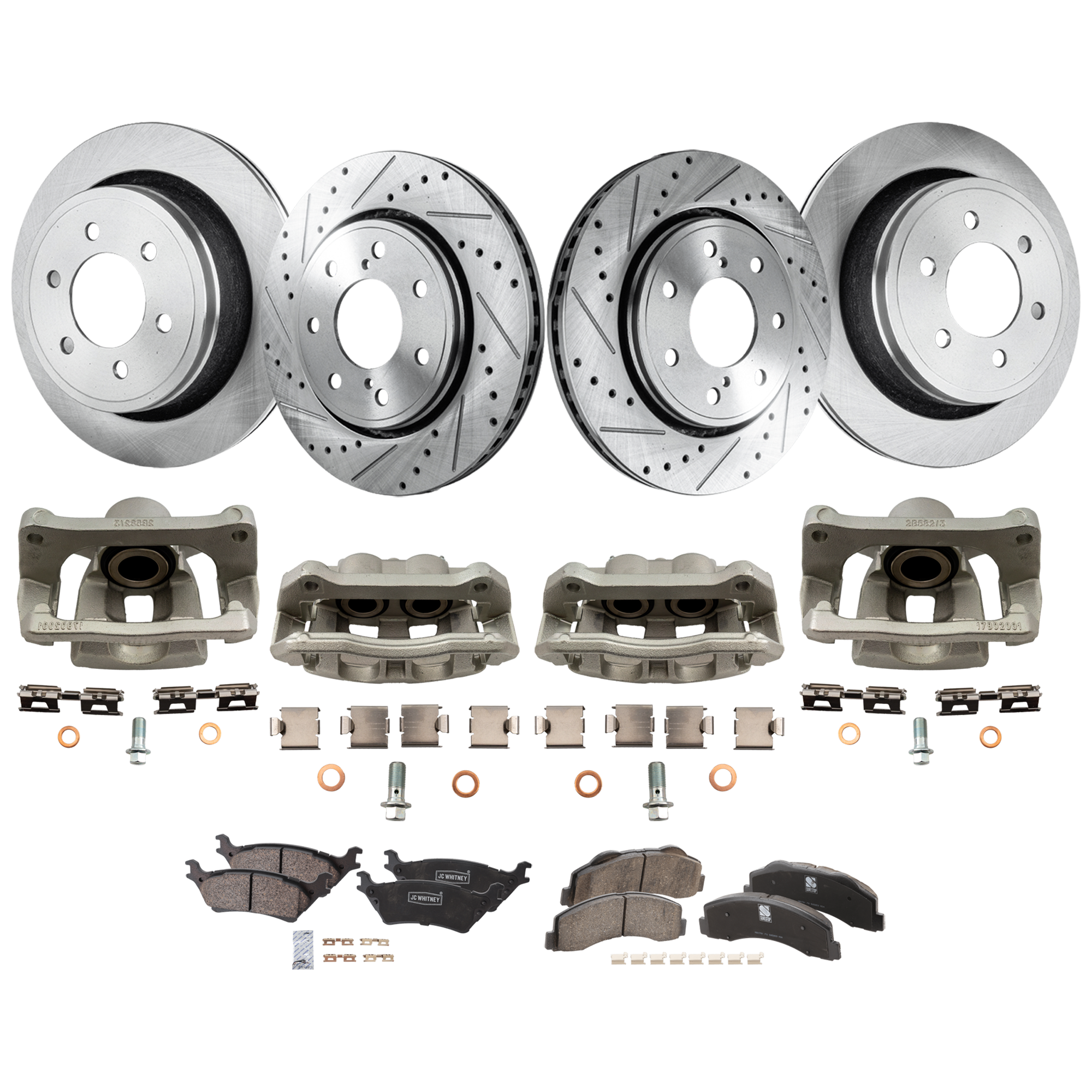 AM F 150-12-14 FRONT AND REAR BRAKE KIT WITH CALIPERS 4 Wheel Set Includes 4 Brake Caliper 4 Brake Disc and 2 Brake Pad Set Front Cross drilled and Slotted Rear Plain Surface 7 Lugs Ceramic SKU KIT 050525-301 OEM 42275-54173-850190-900848-6005