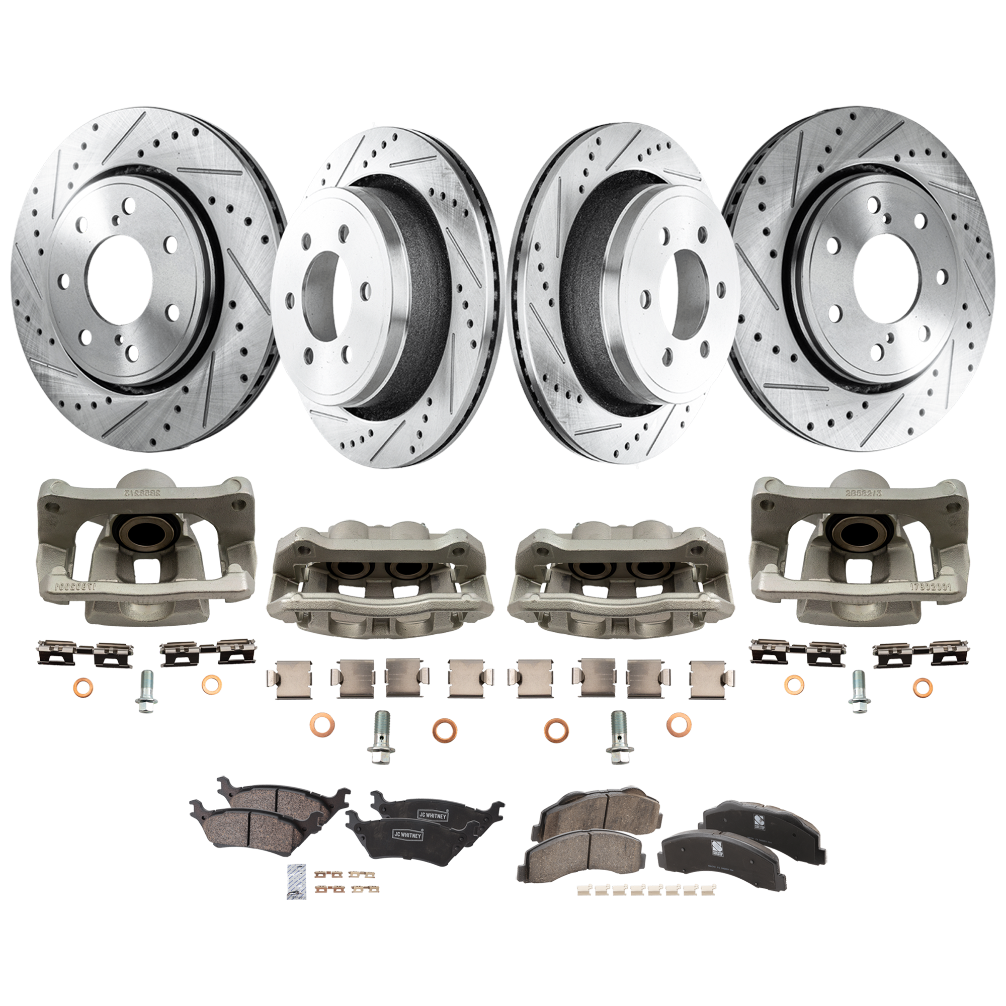 AM F 150-12-14 FRONT AND REAR BRAKE KIT WITH CALIPERS 4 Wheel Set Includes 4 Brake Caliper 4 Brake Disc and 2 Brake Pad Set Cross drilled and Slotted 7 Lugs Ceramic SKU KIT 050525-302 OEM 42275-54173-850190-900848-6005