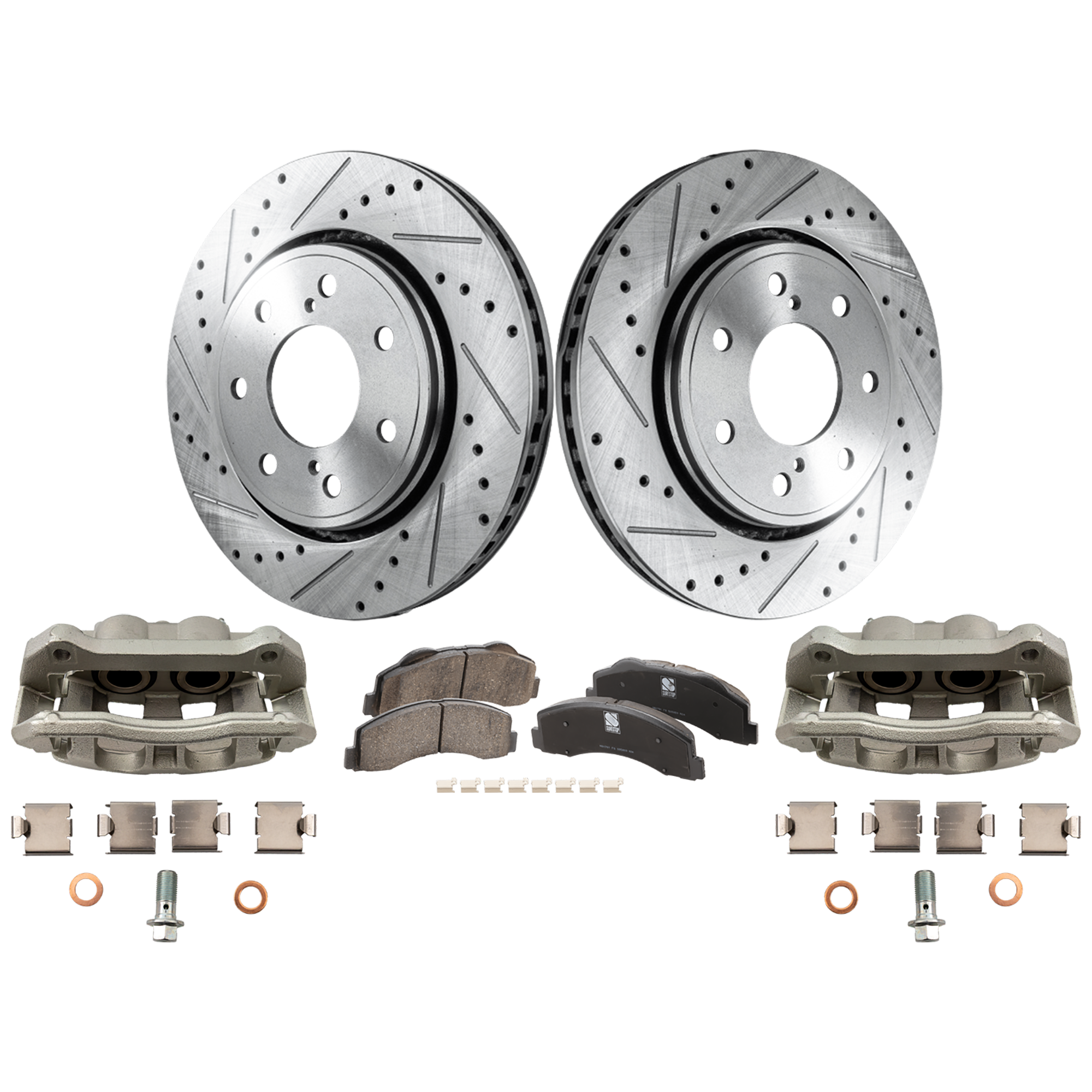 AM F 150-12-14 FRONT BRAKE KIT WITH CALIPERS 2 Wheel Set Includes 2 Brake Caliper 2 Brake Disc and 1 Brake Pad Set Cross drilled and Slotted 7 Lugs Ceramic SKU KIT 050525-32 OEM 42275-54173-850190-900848-6005