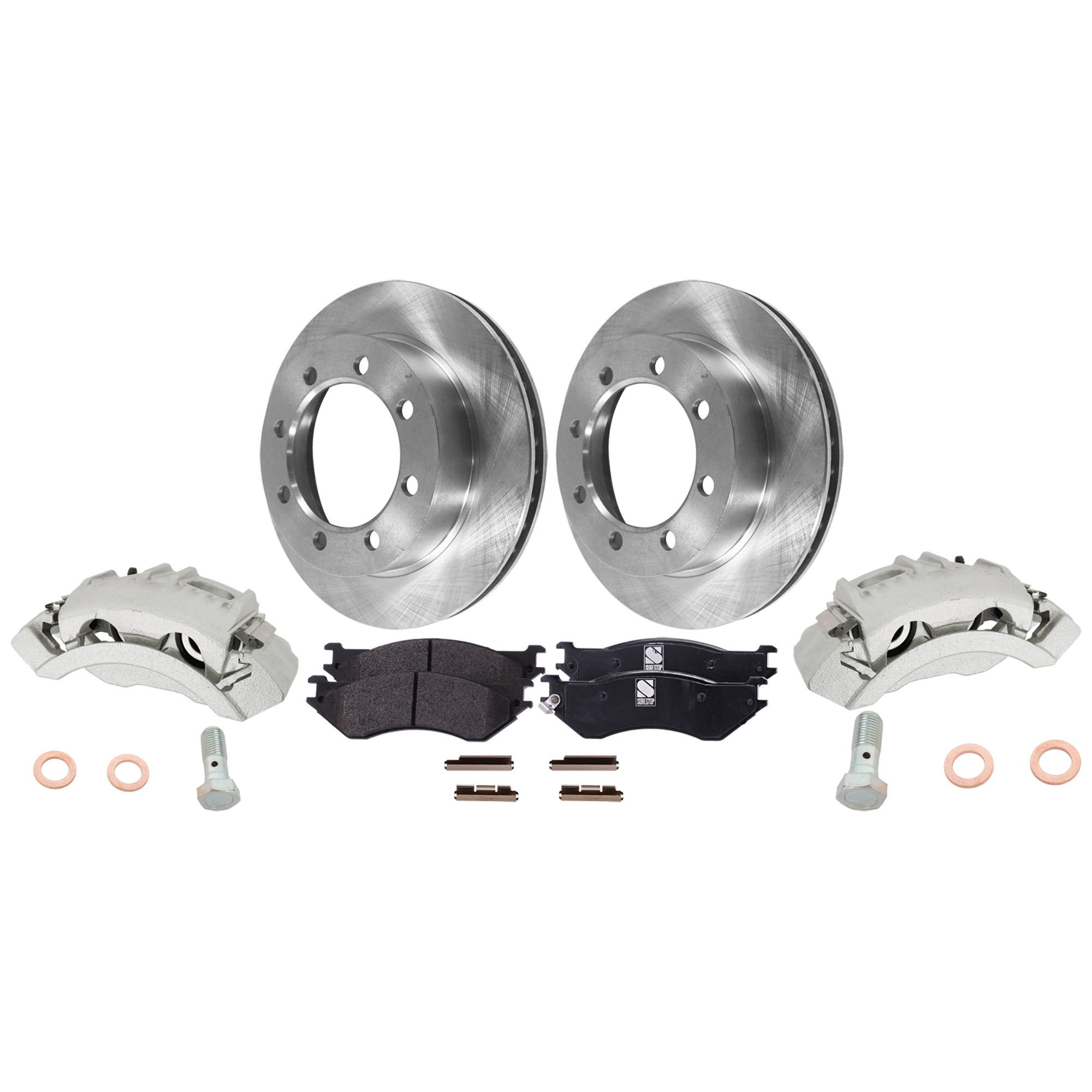 AM F 250-97-99 FRONT BRAKE KIT WITH CALIPERS 2 Wheel Set Includes 2 Brake Caliper 2 Brake Disc and 1 Brake Pad Set Plain Surface 8 Lugs Cast Iron Semi Metallic SKU KIT 050525-41 OEM F5TZ1102A F5TZ1102B F75Z2001AA