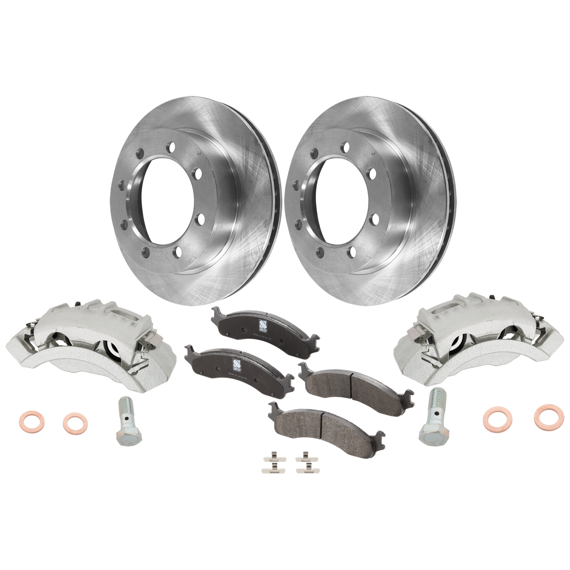 AM F 250-97-97 FRONT BRAKE KIT WITH CALIPERS 2 Wheel Set Includes 2 Brake Caliper 2 Brake Disc and 1 Brake Pad Set Plain Surface 8 Lugs Cast Iron Semi Metallic SKU KIT 050525-47 OEM F5TZ1102A F5TZ1102B 1C2Z2001AA