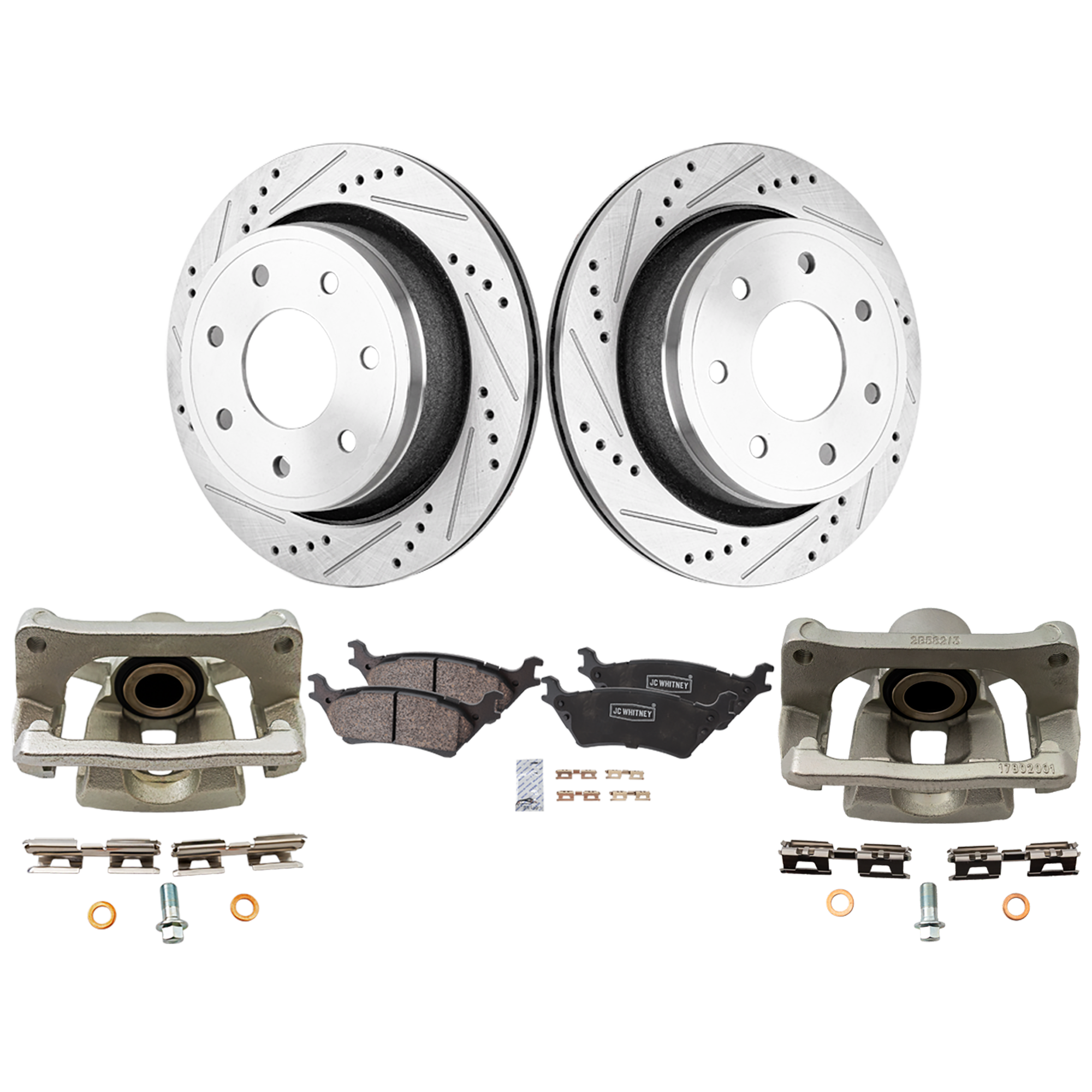 AM F 150-12-14 REAR BRAKE KIT WITH CALIPERS 2 Wheel Set Includes 2 Brake Caliper 2 Brake Disc and 1 Brake Pad Set Cross drilled and Slotted 7 Lugs Ceramic SKU KIT 050525-54 OEM 42282-850310-60054218-680977R