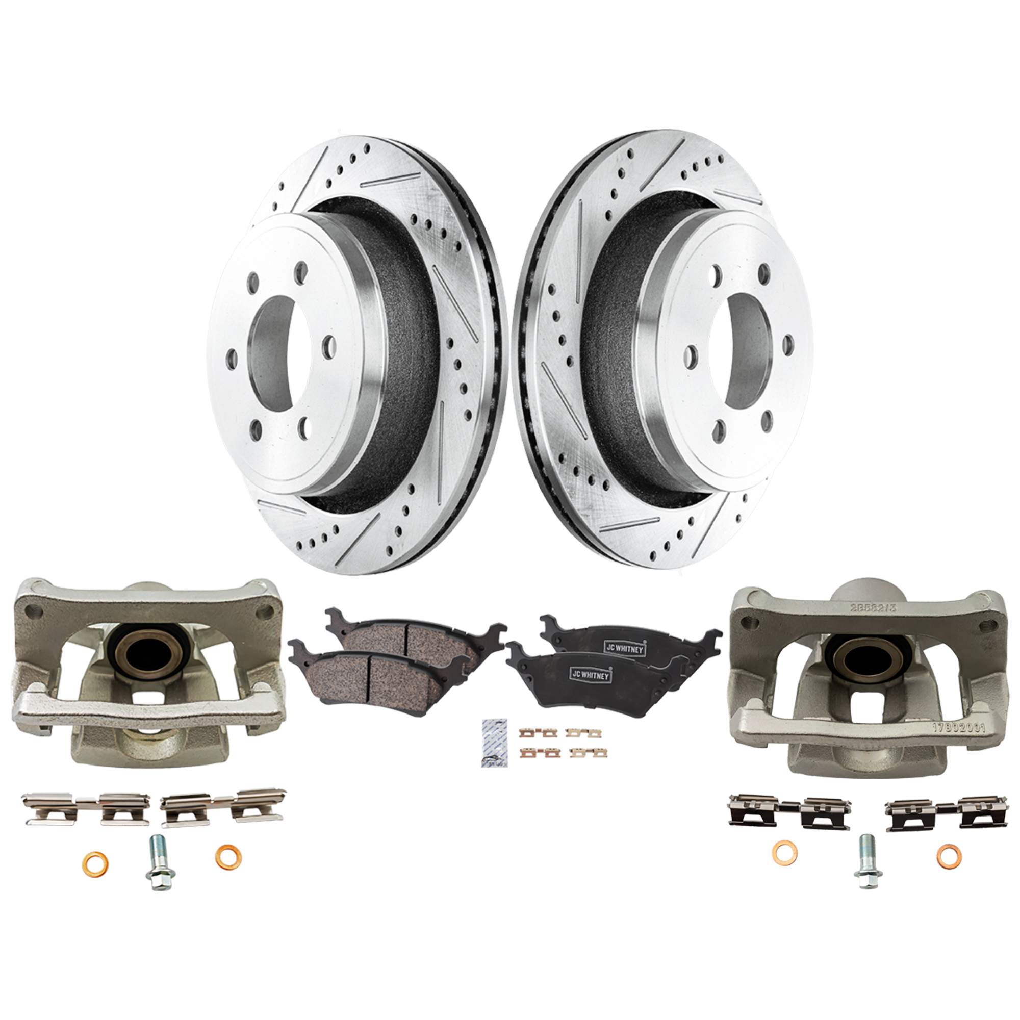 AM F 150-12-16 REAR BRAKE KIT WITH CALIPERS 2 Wheel Set Includes 2 Brake Caliper 2 Brake Disc and 1 Brake Pad Set Cross drilled and Slotted 6 Lugs Ceramic SKU KIT 050525-58 OEM 42281-850309-60054220-680976R