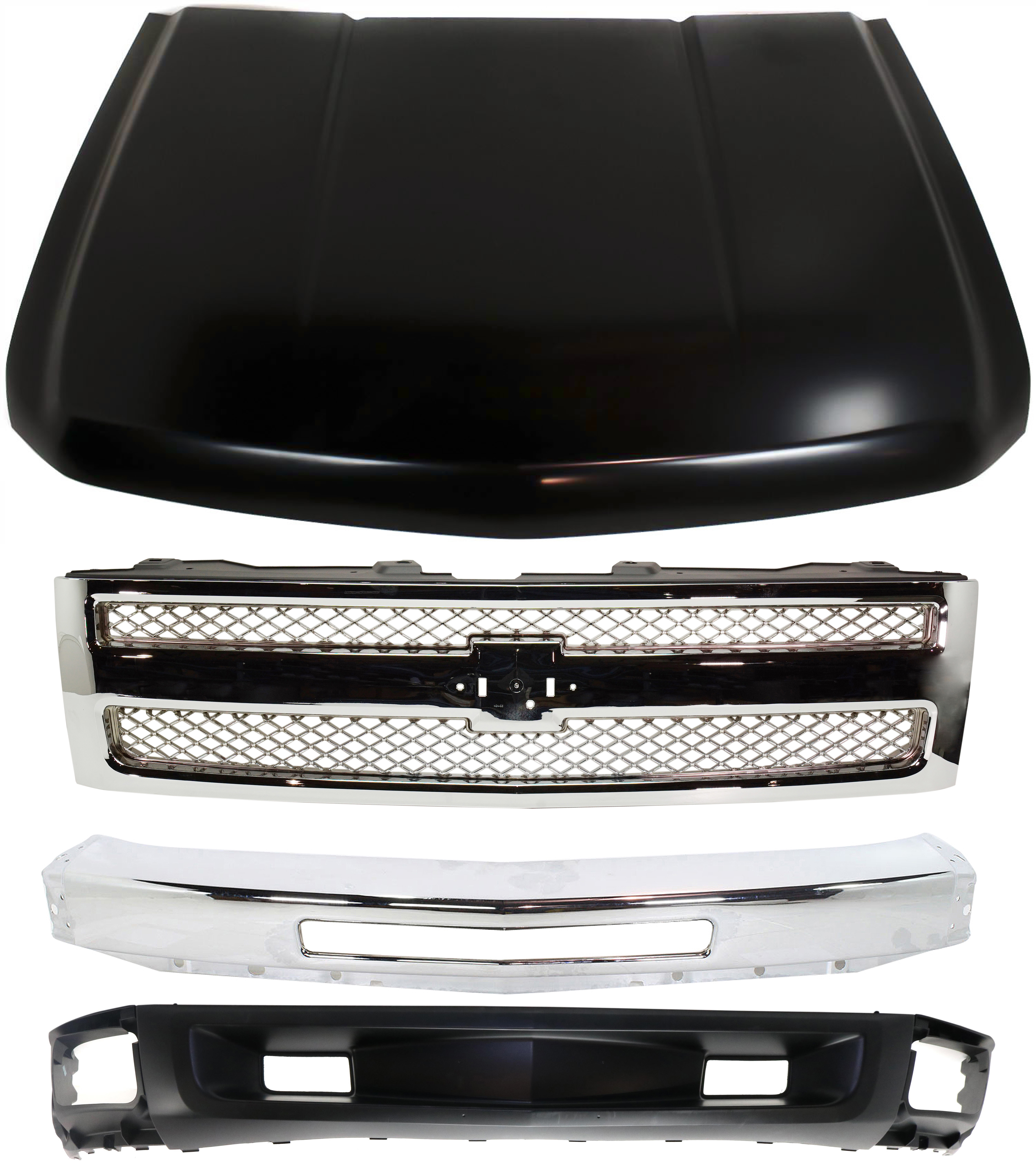 AM SILVERADO 1500-09-13 GRILLE 4 pc Kit with Bumper Hood and Lower Air Deflector SKU KIT 050617-51 Partslink GM1200655 GM1002831 GM1230365 GM1092246 OEM 22849840-15941850-20863101-207