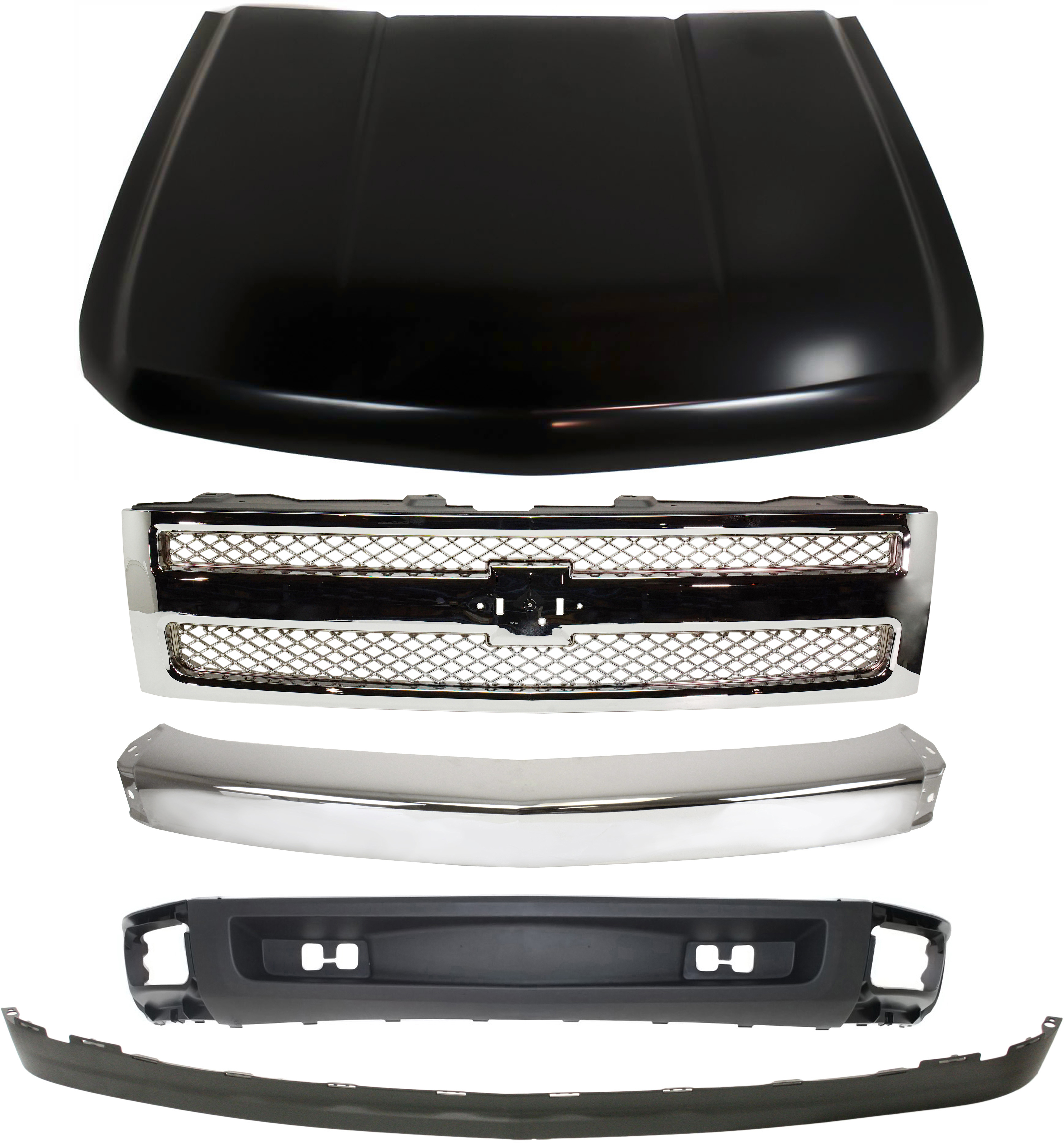 AM SILVERADO 1500-07-08 GRILLE 5 pc Kit with Bumper Hood Lower Air Deflector and Lower Air Deflector Extension SKU KIT 050617-54 Partslink GM1200655 GM1002830 GM1230365 GM1092192 GM1092191 OEM 22849840-15836961-20863101-159