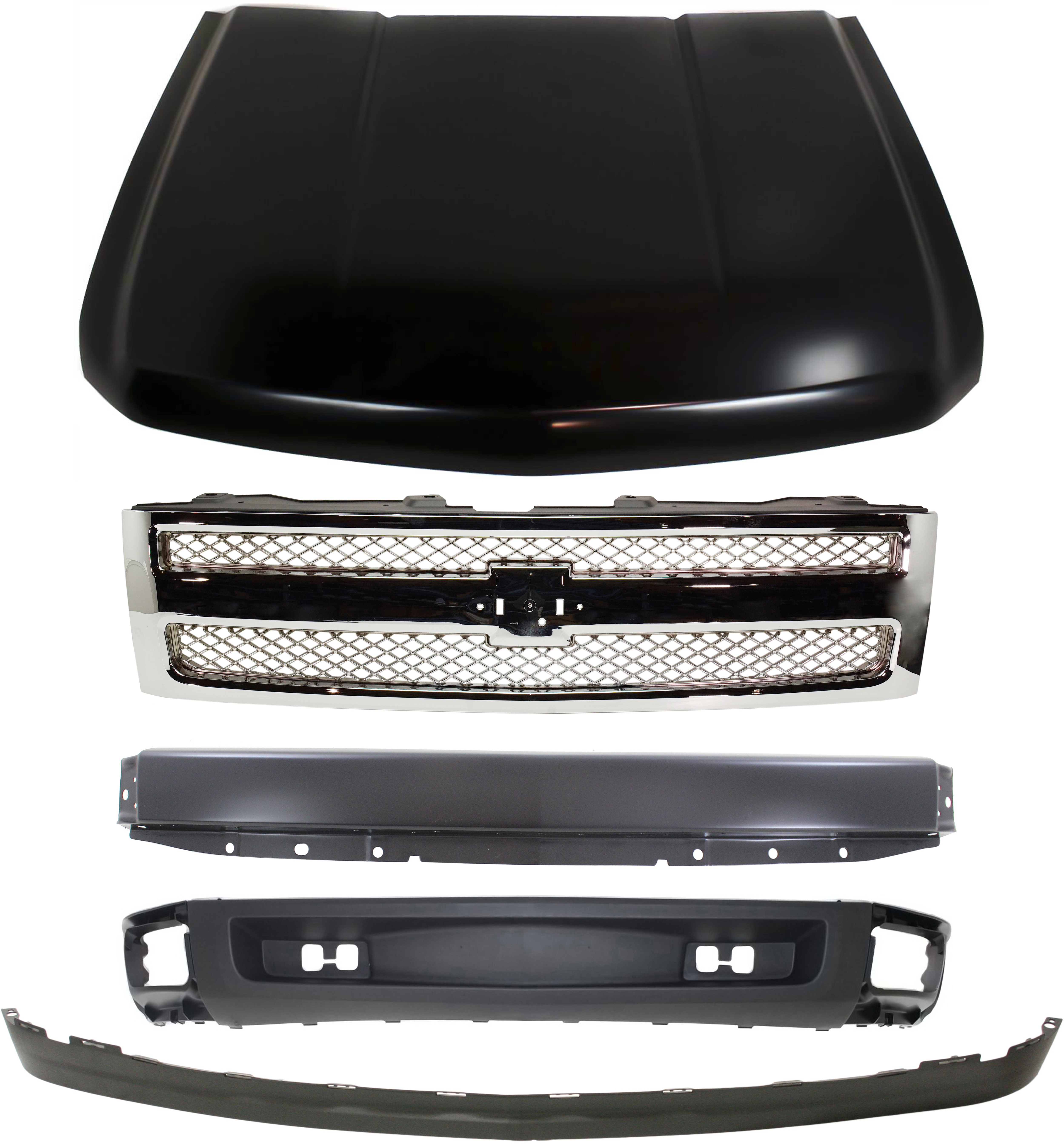 AM SILVERADO 1500-07-08 GRILLE 5 pc Kit with Bumper Hood Lower Air Deflector and Lower Air Deflector Extension SKU KIT 050617-56 Partslink GM1200655 GM1002828 GM1230365 GM1092192 GM1092191 OEM 22849840-15836962-20863101-159