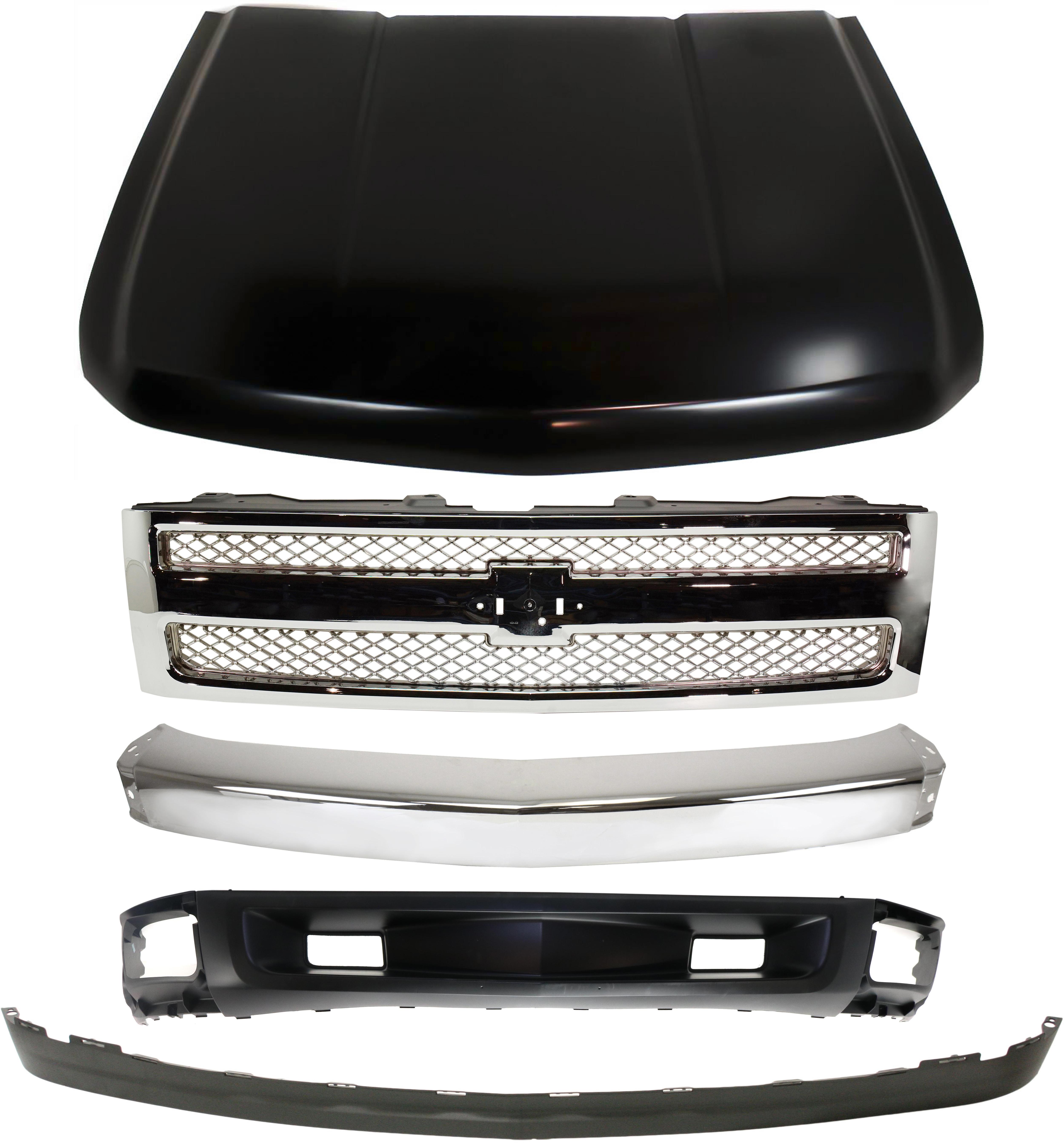 AM SILVERADO 1500-07-08 GRILLE 5 pc Kit with Bumper Hood Lower Air Deflector and Lower Air Deflector Extension SKU KIT 050617-58 Partslink GM1200655 GM1002830 GM1230365 GM1092246 GM1092191 OEM 22849840-15836961-20863101-207