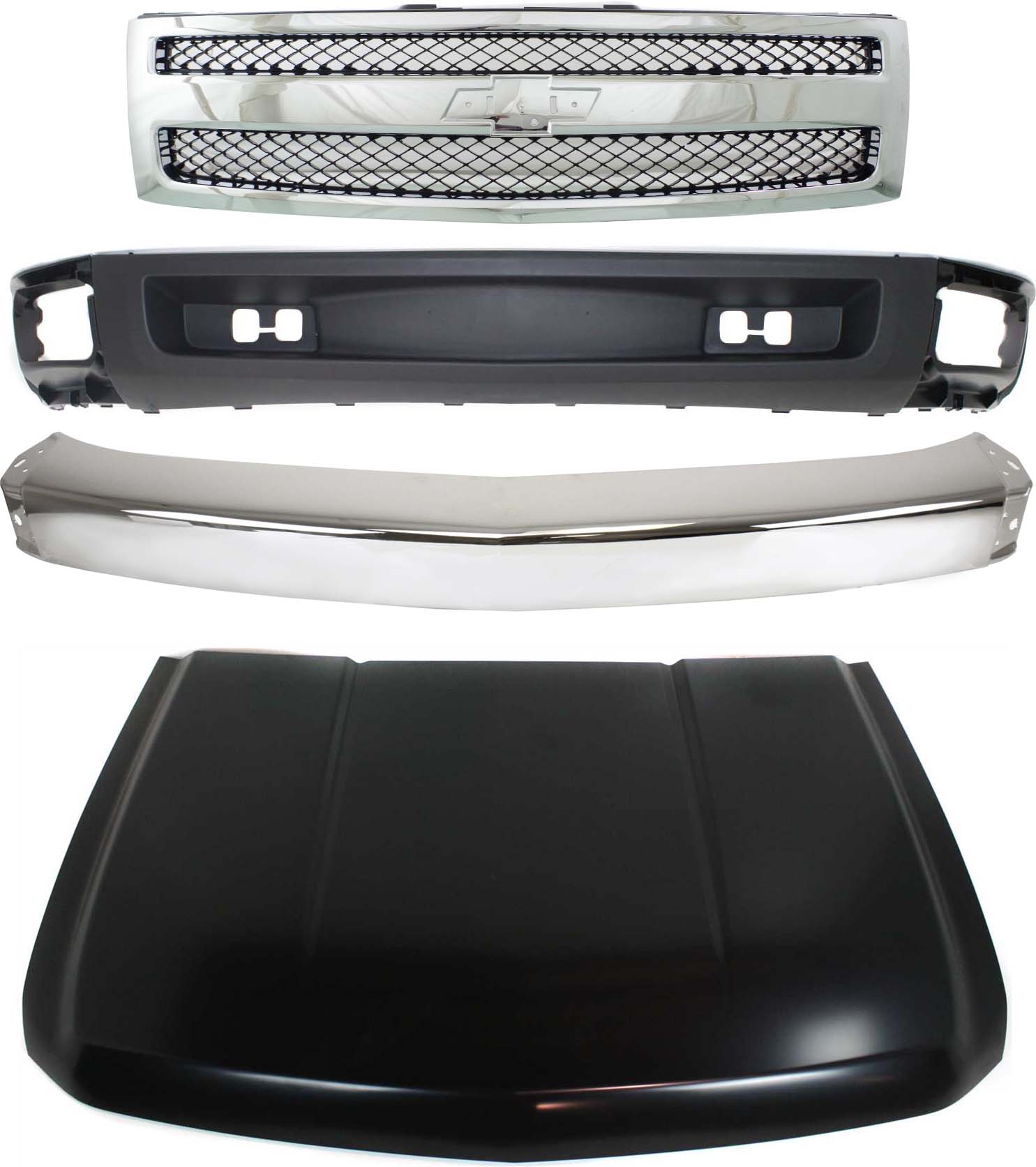 AM SILVERADO 1500-07-08 HOOD 4 pc Kit with Bumper Grille Assembly and Lower Air Deflector SKU KIT 050617-62 Partslink GM1230365 GM1002830 GM1200572 GM1092192 OEM 20863101-15836961-25810707-193