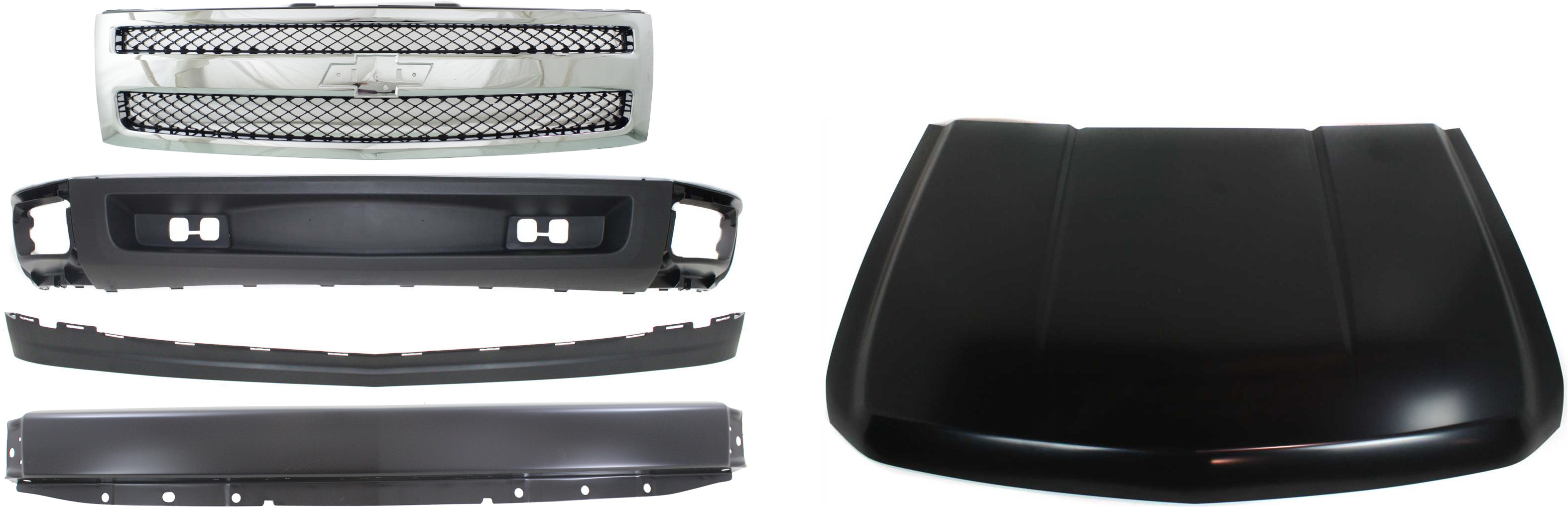 AM SILVERADO 1500-07-08 HOOD 5 pc Kit with Bumper Grille Assembly Lower Air Deflector and Lower Air Deflector Extension SKU KIT 050617-72 Partslink GM1230365 GM1002828 GM1200572 GM1092192 GM1092191 OEM 20863101-15836962-25810707-193