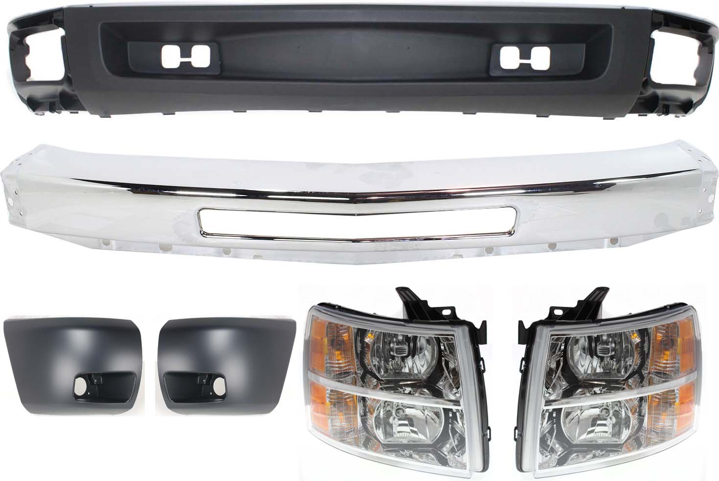 AM SILVERADO 1500-09-13 FRONT BUMPER 6 pc Kit with Bumper Lower Air Deflector Bumper Ends and Headlights SKU KIT 050617-95 Partslink GM1002831 GM1004147 GM1005147 GM2502280 GM2503280 GM1092192 OEM 15941850-15891681-15891682-228