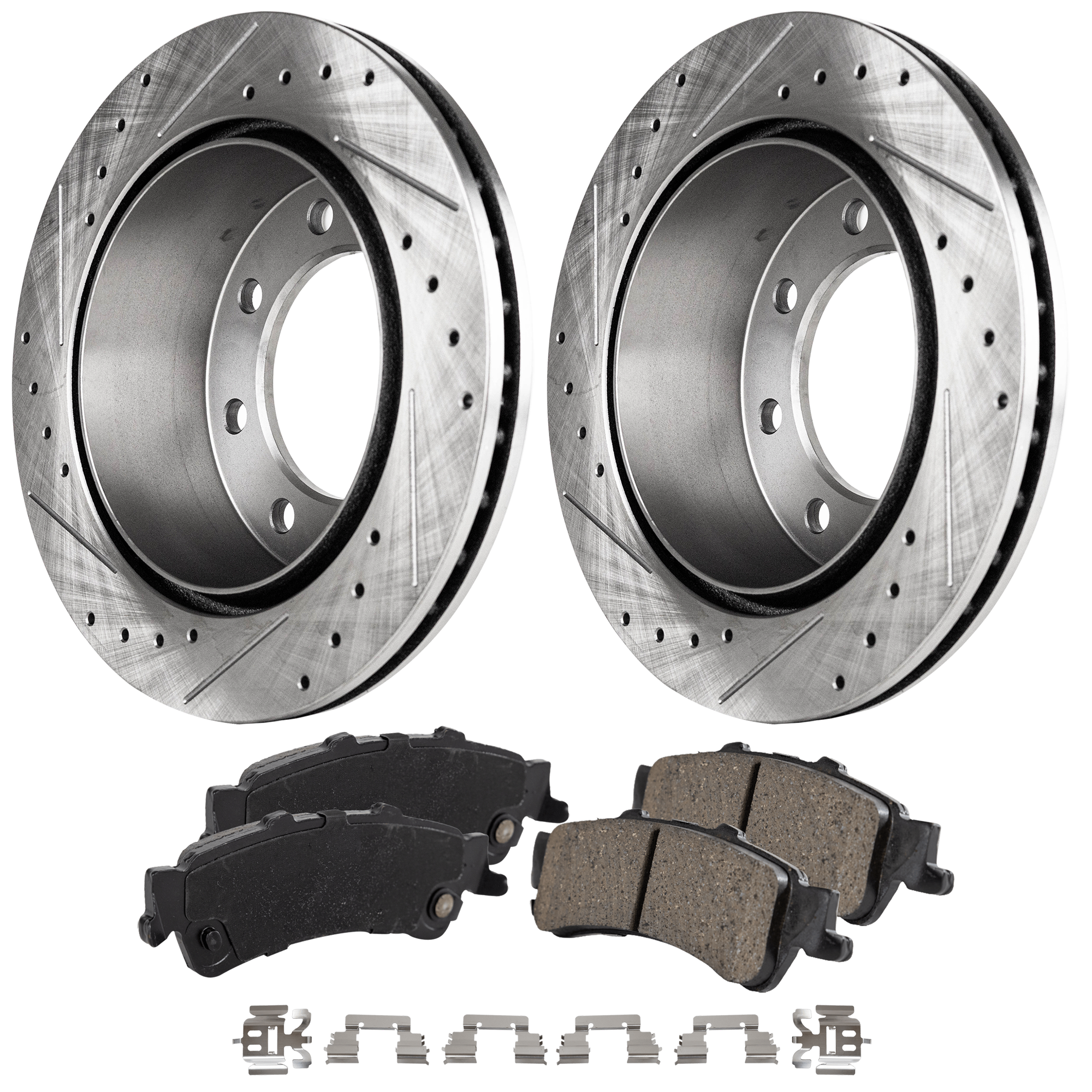 AM SIERRA 1500 SILVERADO 1500-04-04 REAR BRAKE DISC AND PAD KIT 4 pc kit Cross drilled and Slotted SKU KIT 050623-01 OEM 19952-55055-56828-86828-101008