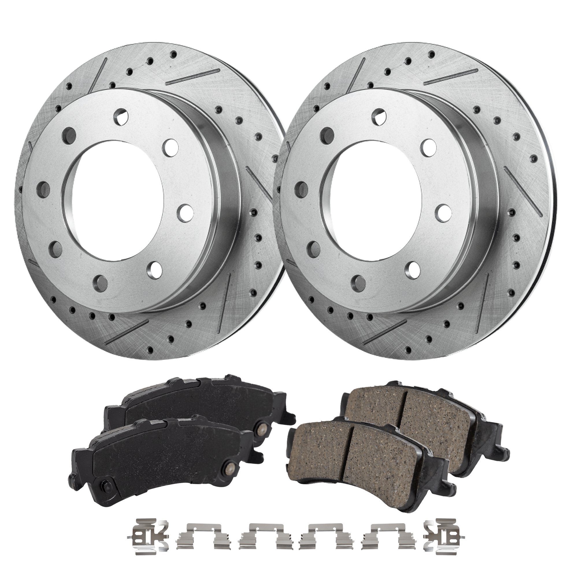 AM SILVERADO 1500-04-05 REAR BRAKE DISC AND PAD KIT 4 pc Kit Cross drilled and Slotted SKU KIT 050623-02 OEM 19326-41243-55057-55120-56830