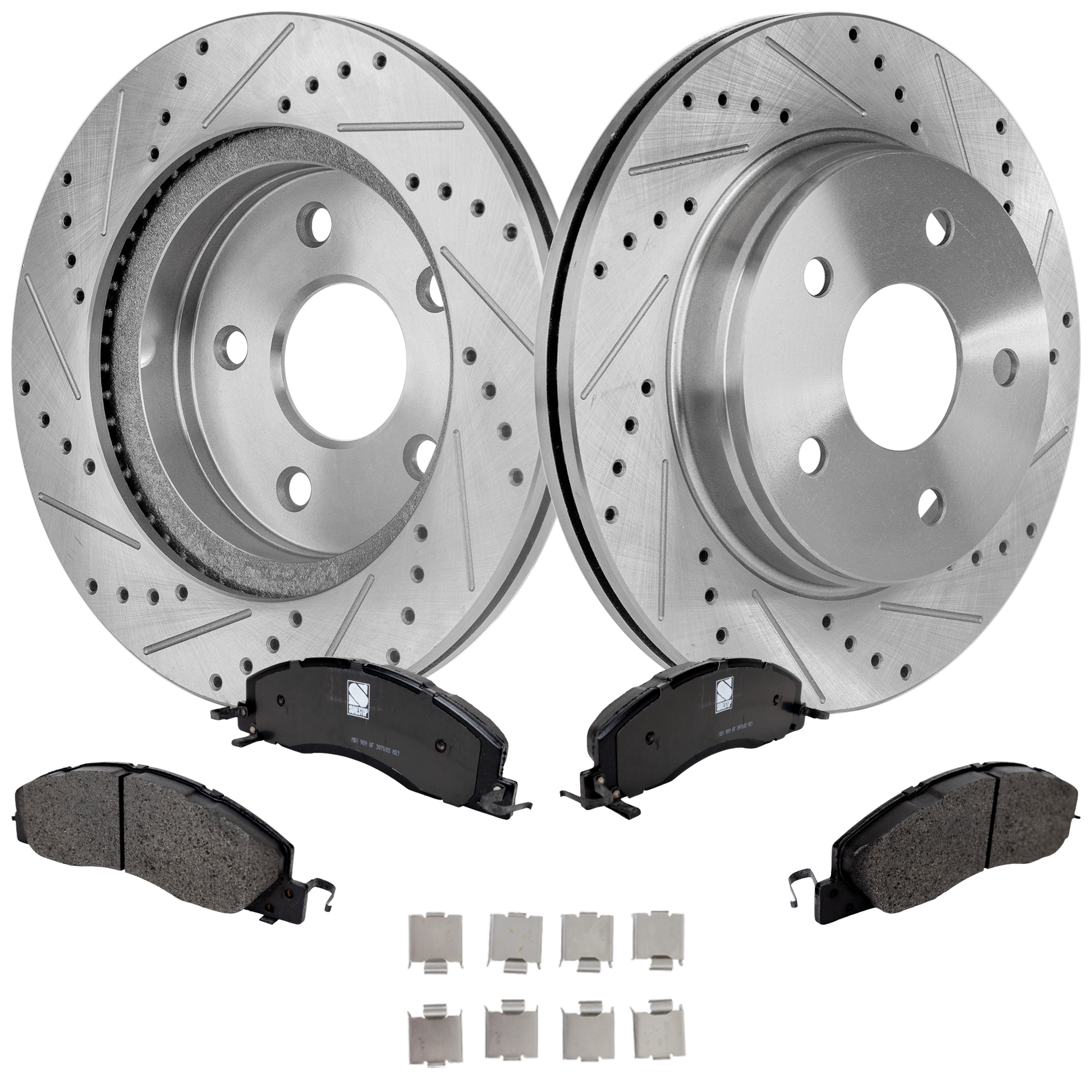 AM RAM 1500-12-12 FRONT BRAKE DISC AND PAD KIT 4 pc Kit Cross drilled and Slotted SKU KIT 050623-05 OEM 2414-19966-53005-145381-491190
