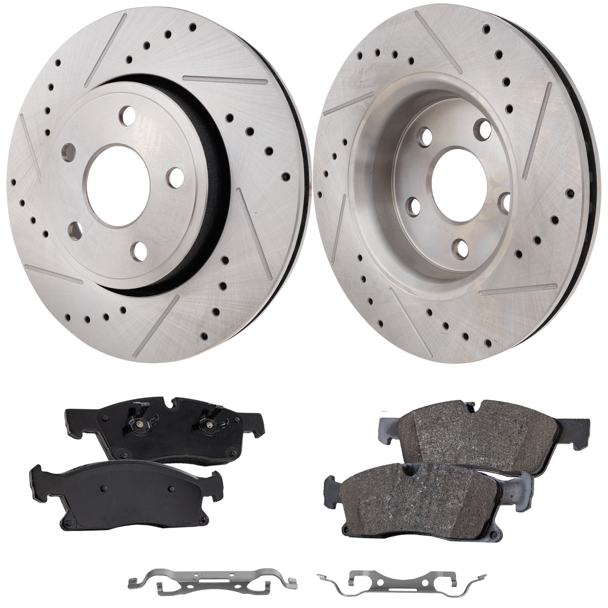 AM DURANGO 12-15 GRAND CHEROKEE 13-15 FRONT BRAKE DISC AND PAD KIT 4 pc Kit Cross drilled and Slotted SKU KIT 050623-28 OEM 43177-53062-72162-591375-78086