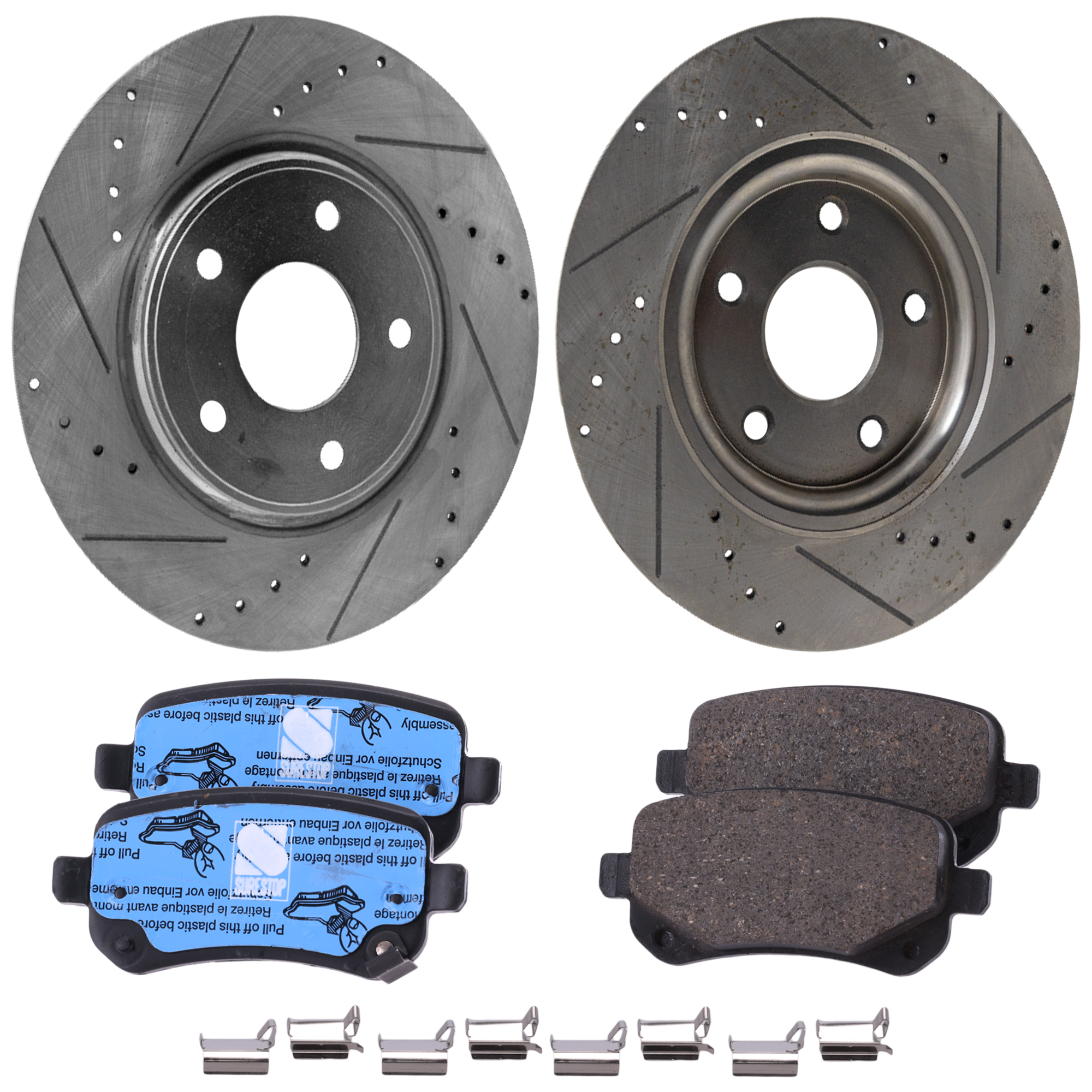 AM GRAND CARAVAN TOWN COUNTRY 12-12 REAR BRAKE DISC AND PAD KIT 4 pc Kit Cross drilled and Slotted SKU KIT 050623-34 OEM 43180-53069-780965-850314-6004